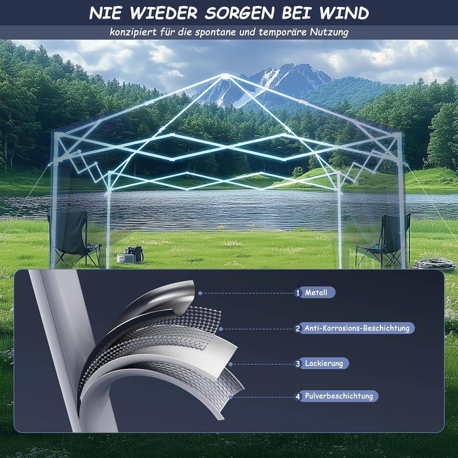 Tragbarer Pavillon, verankert gegen Wind durch ein mehrschichtiges Metallgerüst, gezeigt in einer malerischen Outdoor-Campingumgebung mit Beschriftungen für korrosionsbeständige Beschichtung, Farbe und Pulverbeschichtung.