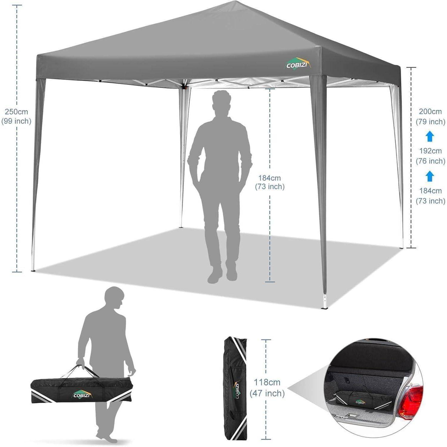 Illustriertes Pop-Up-Pavillon-Zelt mit einer Personensilhouette zur Größenangabe, zeigt Abmessungen: 250 cm Höhe, 200 cm Seitenhöhe, 184 cm Bodenfreiheit und 118 cm zusammengeklappte Länge.