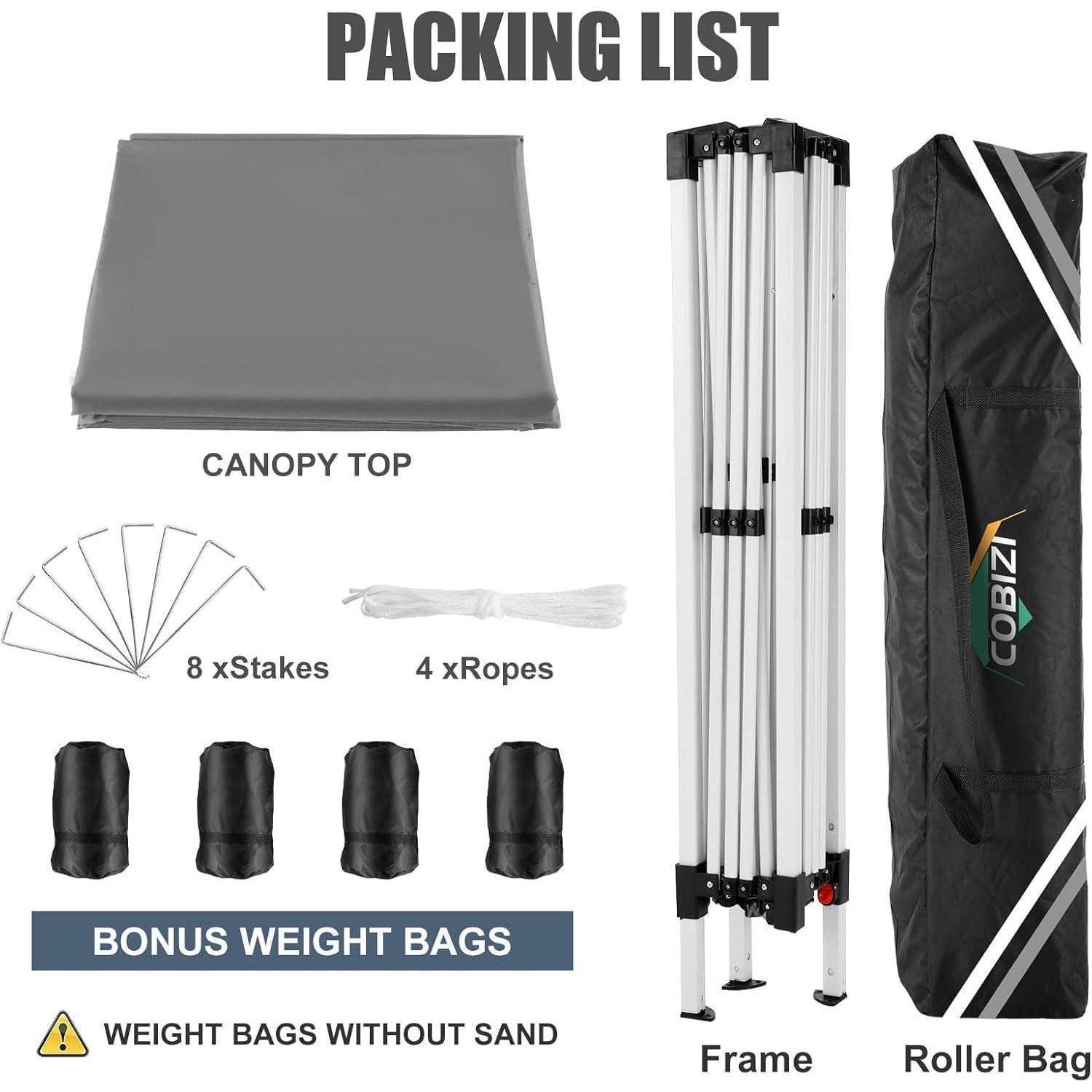 Packliste für ein Canopy-Zelt: Canopy-Dach, Gestell, Rollentasche, 8 Heringe, 4 Seile und 4 Bonus-Gewichtssäcke ohne Sand.