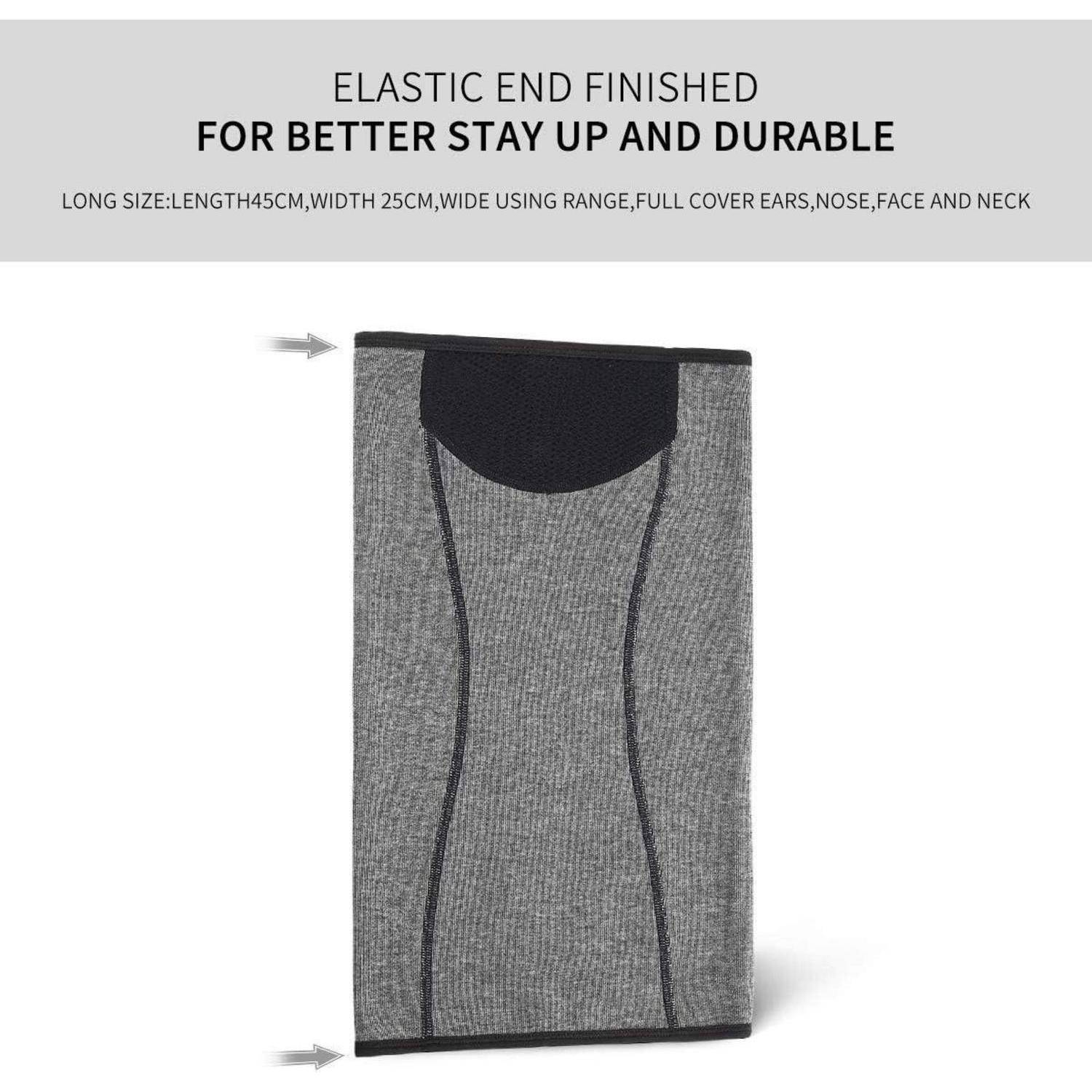 Graue Gesichts- und Halsabdeckung von vorne und hinten gezeigt, mit elastischem Ende für besseren Halt und langlebigen Sitz; Text vermerkt 45 cm Länge und 25 cm Breite.