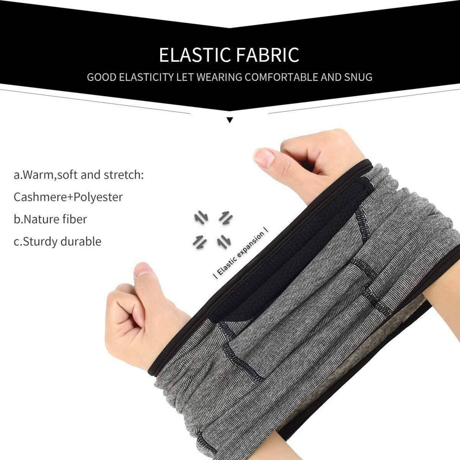 Werbebild von elastischem Stoff, der zwischen zwei Händen gedehnt wird, mit der Beschriftung „ELASTISCHER STOFF