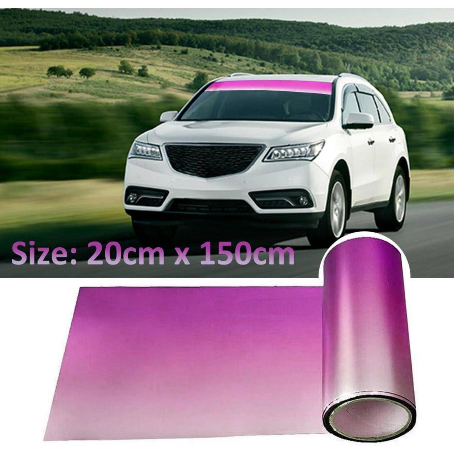 Weißer SUV mit violettem Windschutzscheiben-Tint über einer Rolle violetter Farbverlauf-Vinyl-Folie, beschriftet mit „Größe: 20 cm x 150 cm