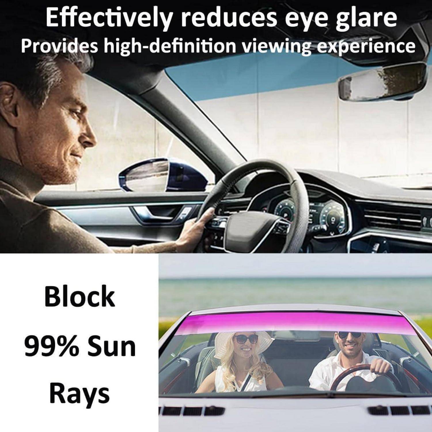 Werbung für Autofensterfolie, zeigt einen Fahrer mit reduzierter Blendung und getönter Windschutzscheibe; der Text sagt „Reduziert effektiv Blendung