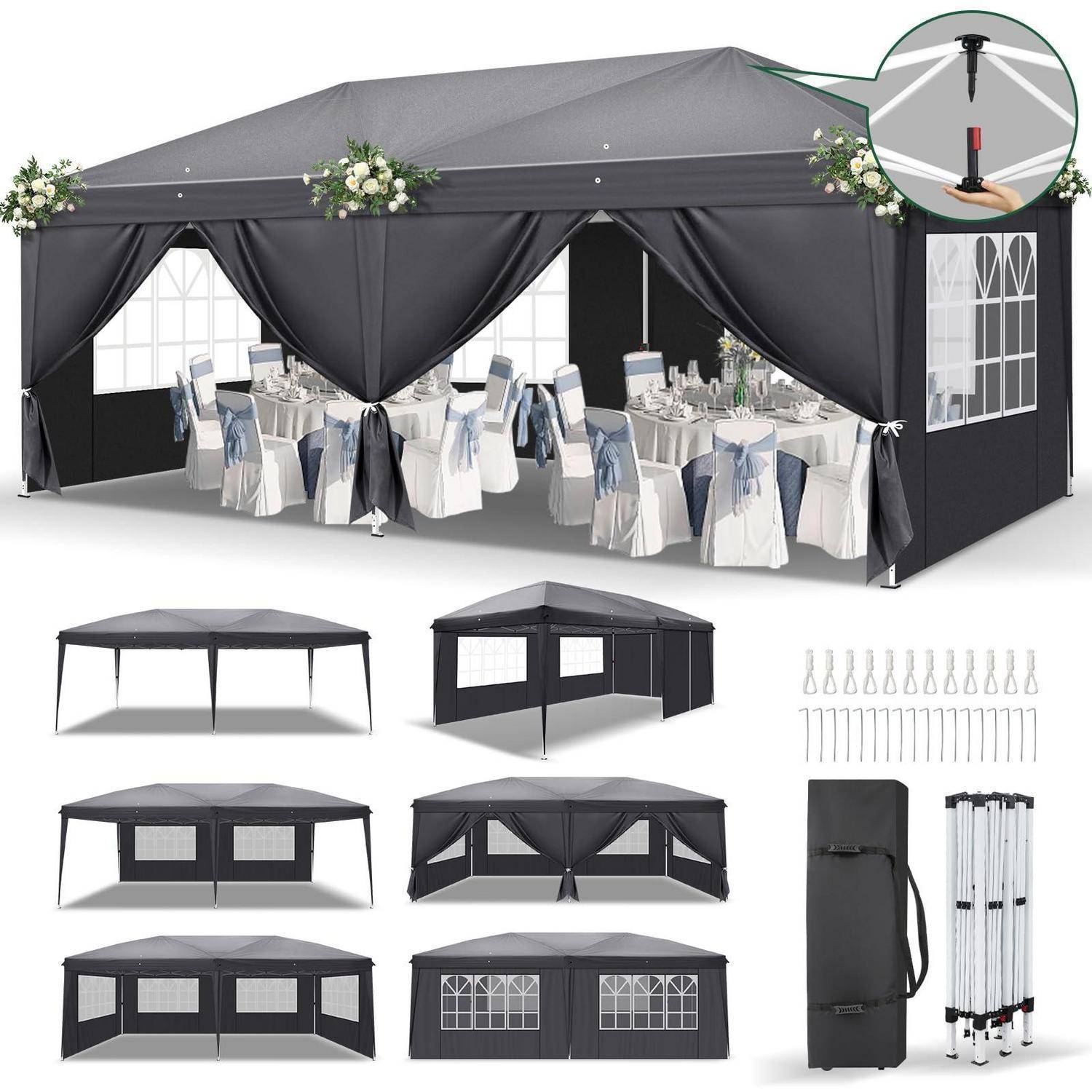 Schwarzes Pop-up-Veranstaltungszelt mit drapiertem Vorhang und floralen Akzenten, ausgestattet für eine Außenreception gezeigt; Ausschnitte und kleinere Ansichten zeigen Aufbau, Seitenpaneele und Aufbewahrungstasche.