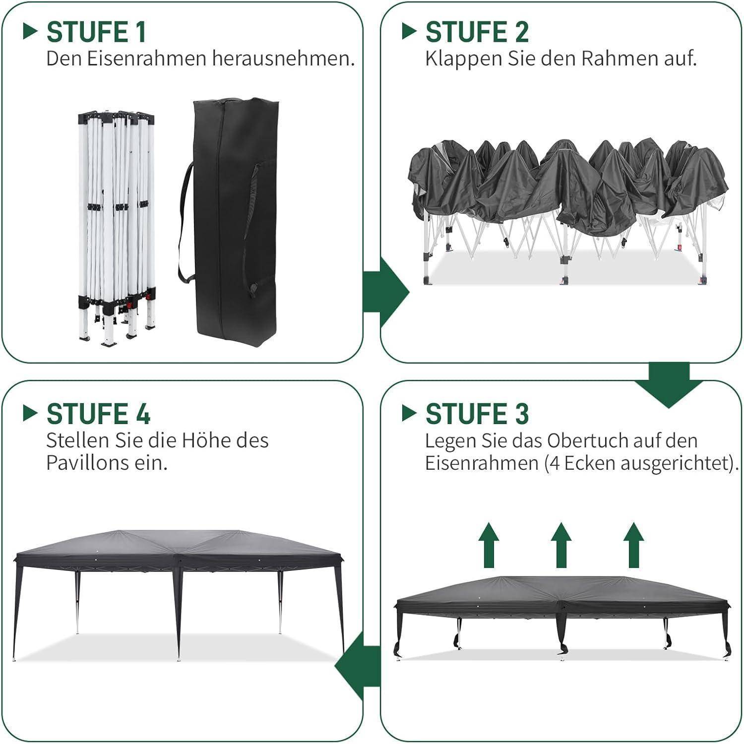 Anleitungsdiagramm zum Zusammenbau eines Pop-Up-Pavillonzelts in 4 Schritten: Rahmen entfernen, ausklappen, Abdeckung anbringen und Höhe einstellen.