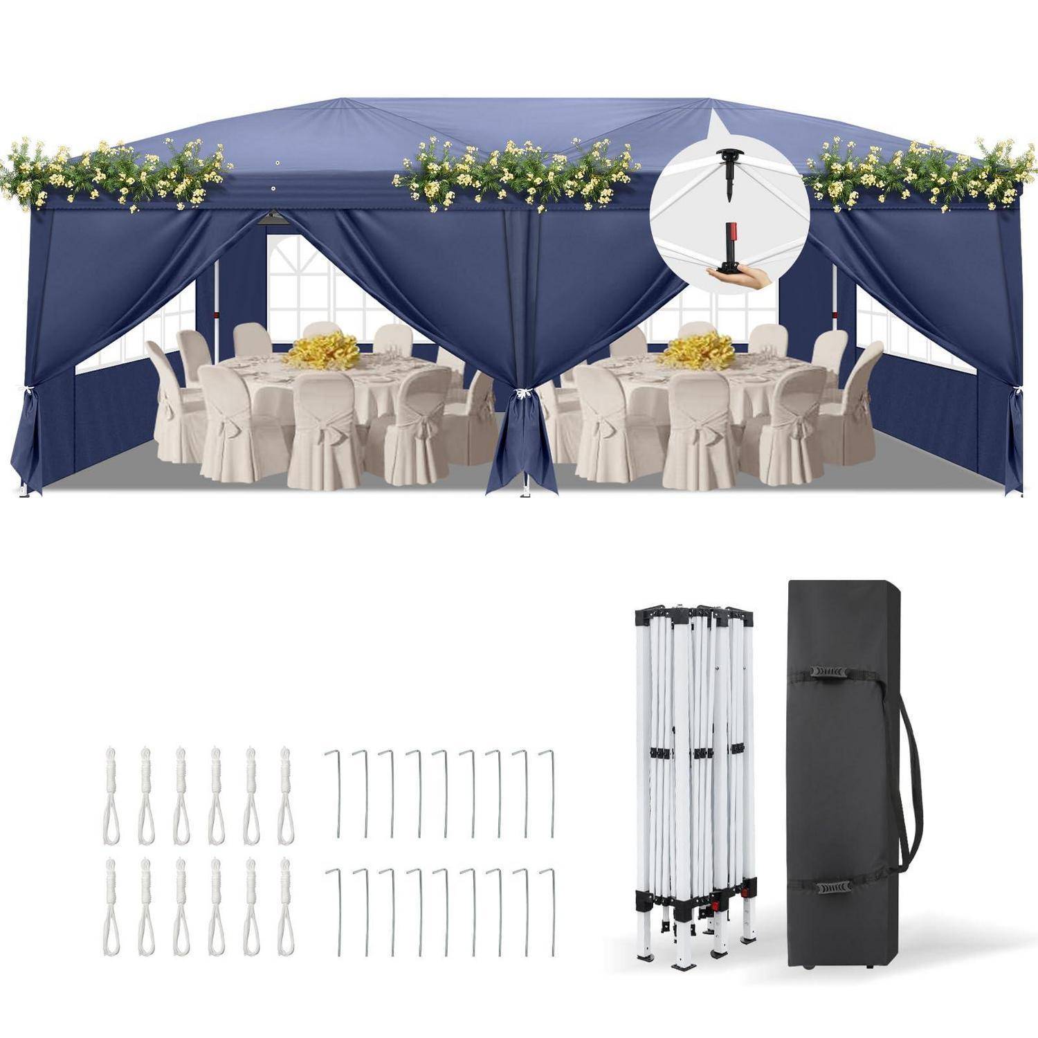 Blaues Baldachindach mit Blumensaum und Essbereich-Setup, einschließlich Rahmenstangen, Heringe, Seile und Tragetasche zur Montage und Lagerung.