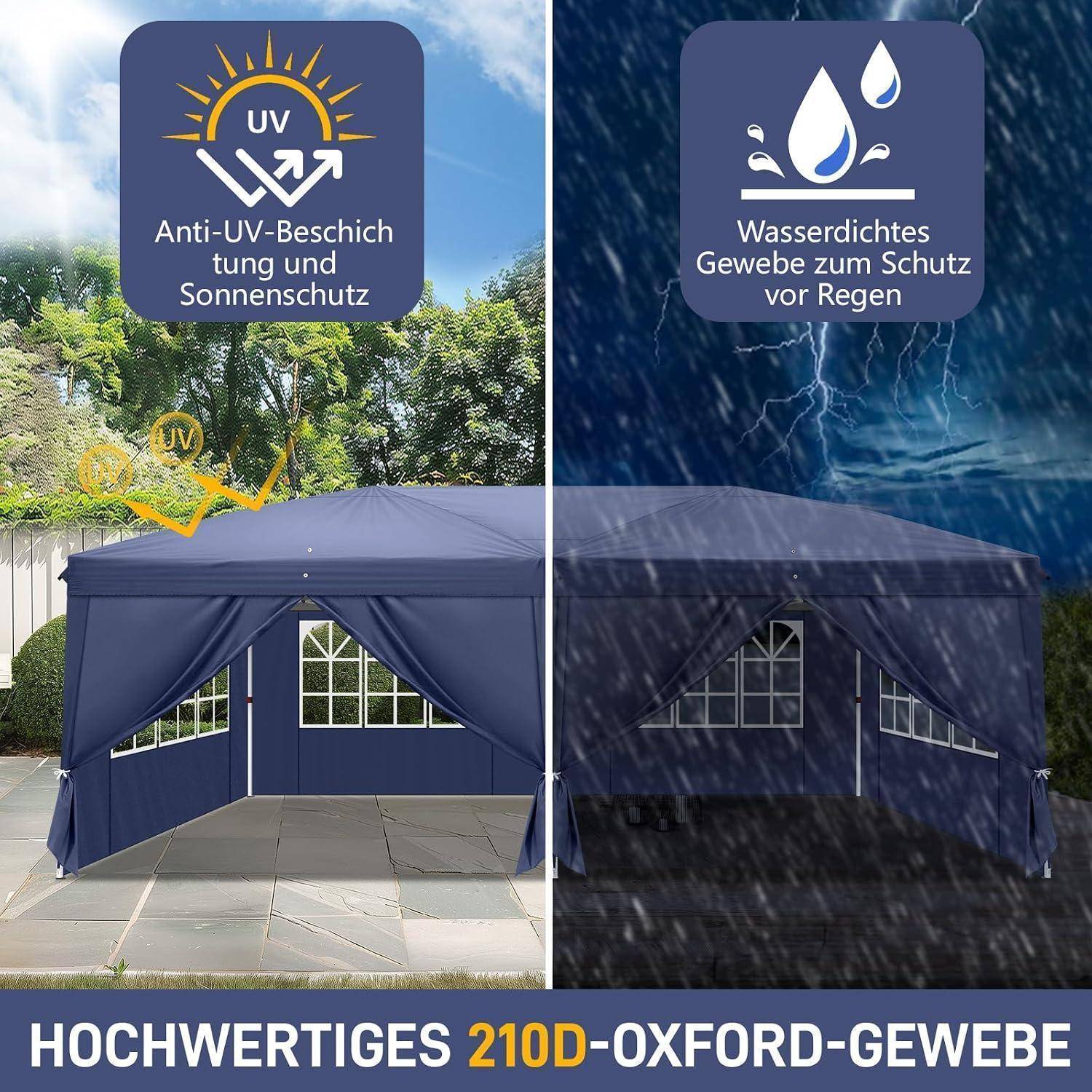 Geteiltes Bild eines blauen Pavillon-Baldachins, der UV-Schutz und wasserdichten Regenschutz zeigt; Text lautet „Anti-UV-Beschichtung und Sonnenschutz" und „Wasserdichtes Gewebe zum Schutz vor Regen"