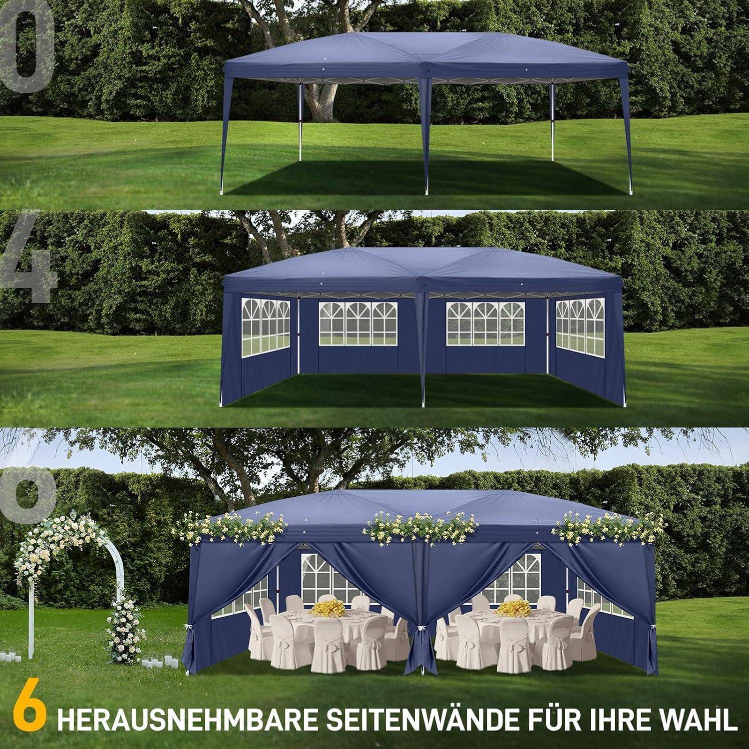 Drei-stufiges Produktbild eines blauen Outdoor-Pavillion-Zelts: offenes Gerüst, mit Seitenwänden geschlossen, dann dekoriert für eine formale Veranstaltung mit Tischen und Stühlen.