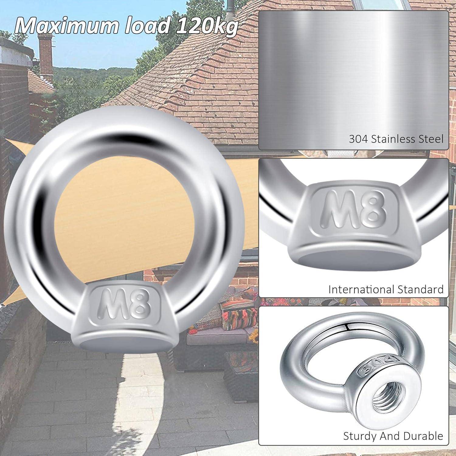 Produktgrafik eines Edelstahl-Ringebolzens M8, gekennzeichnet mit maximaler Belastung 120kg, 304er Edelstahl und robust und langlebig.