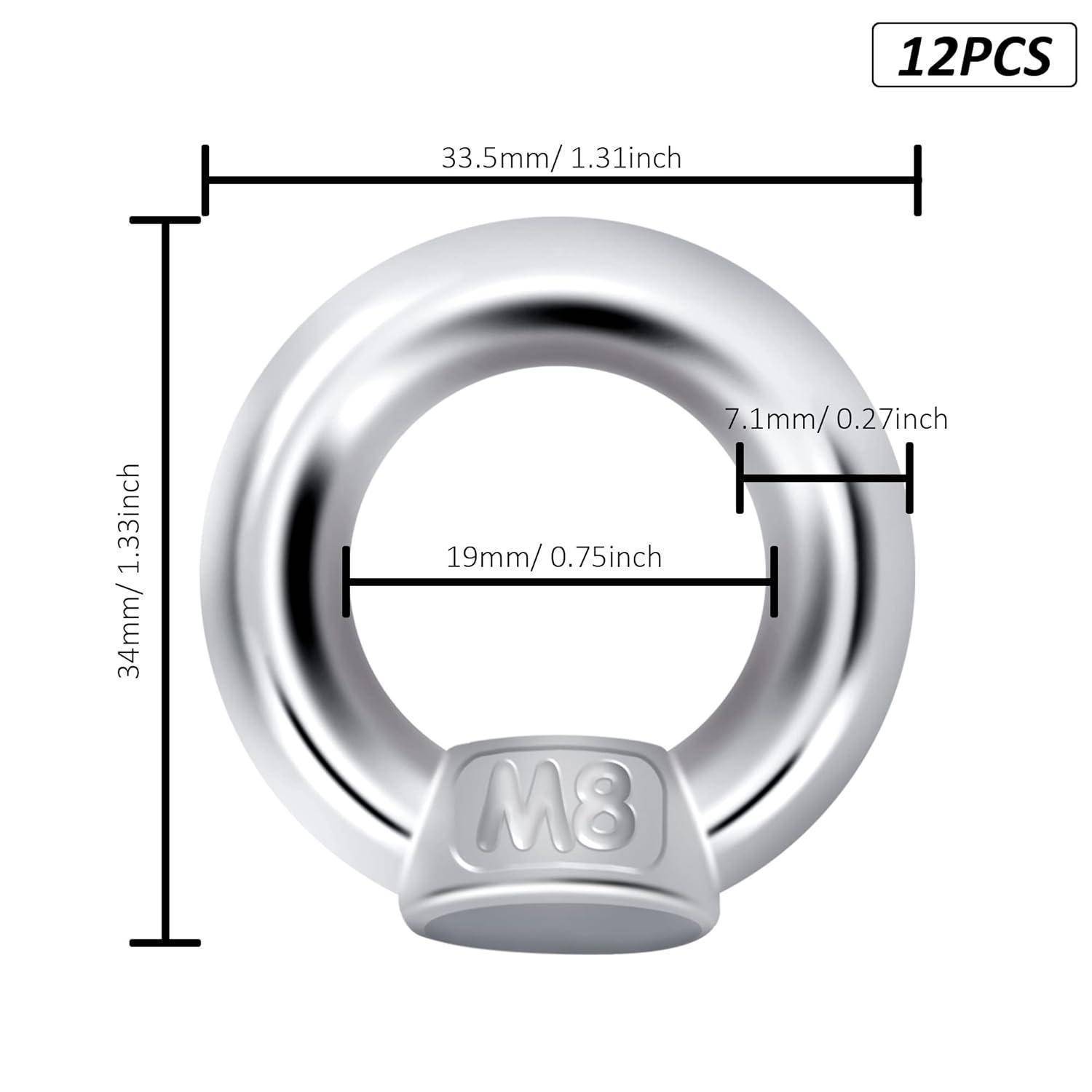 Maßstabsgerechte Zeichnung eines silbernen M8-Hebeösen mit der Bezeichnung 12PCS, zeigt die Gesamtgröße 33,5 mm × 34 mm, Innendurchmesser 19 mm und Dicke 7,1 mm.