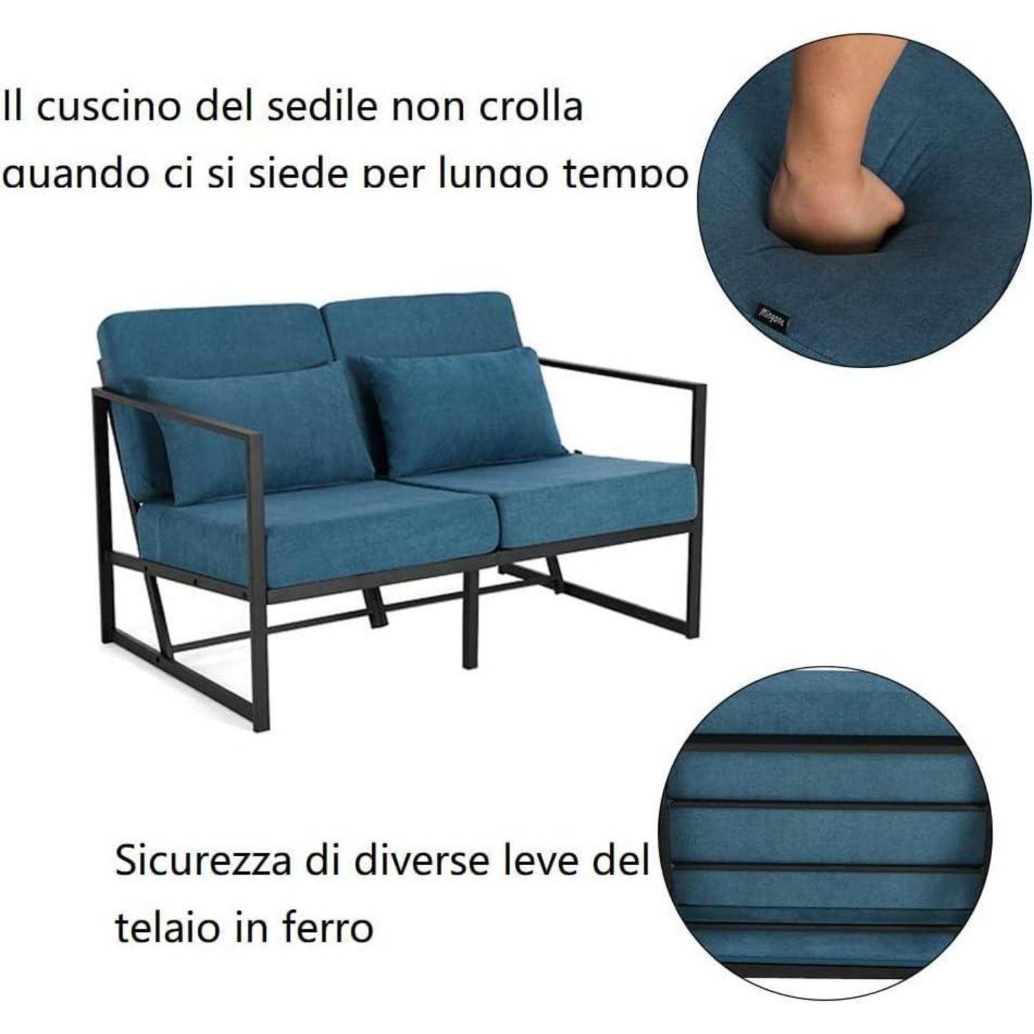 Blaues Sofa mit schwarzem Metallrahmen; eingefügte Fotos zeigen, dass das Sitzkissen nicht durchhängt und die verstärkte Eisenstruktur widerstandsfähig ist.