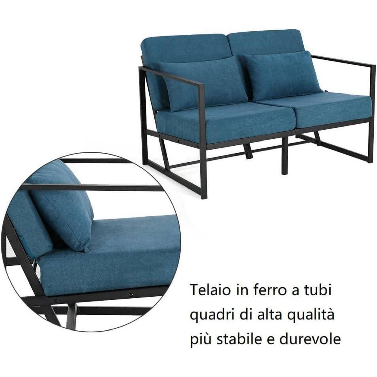 Blaues Zweisitzer-Sofa mit schwarzem Stahlrohrrahmen, gezeigt mit einer Nahaufnahme und italienischem Text über einen hochqualitativen, stabilen und langlebigen Rahmen.