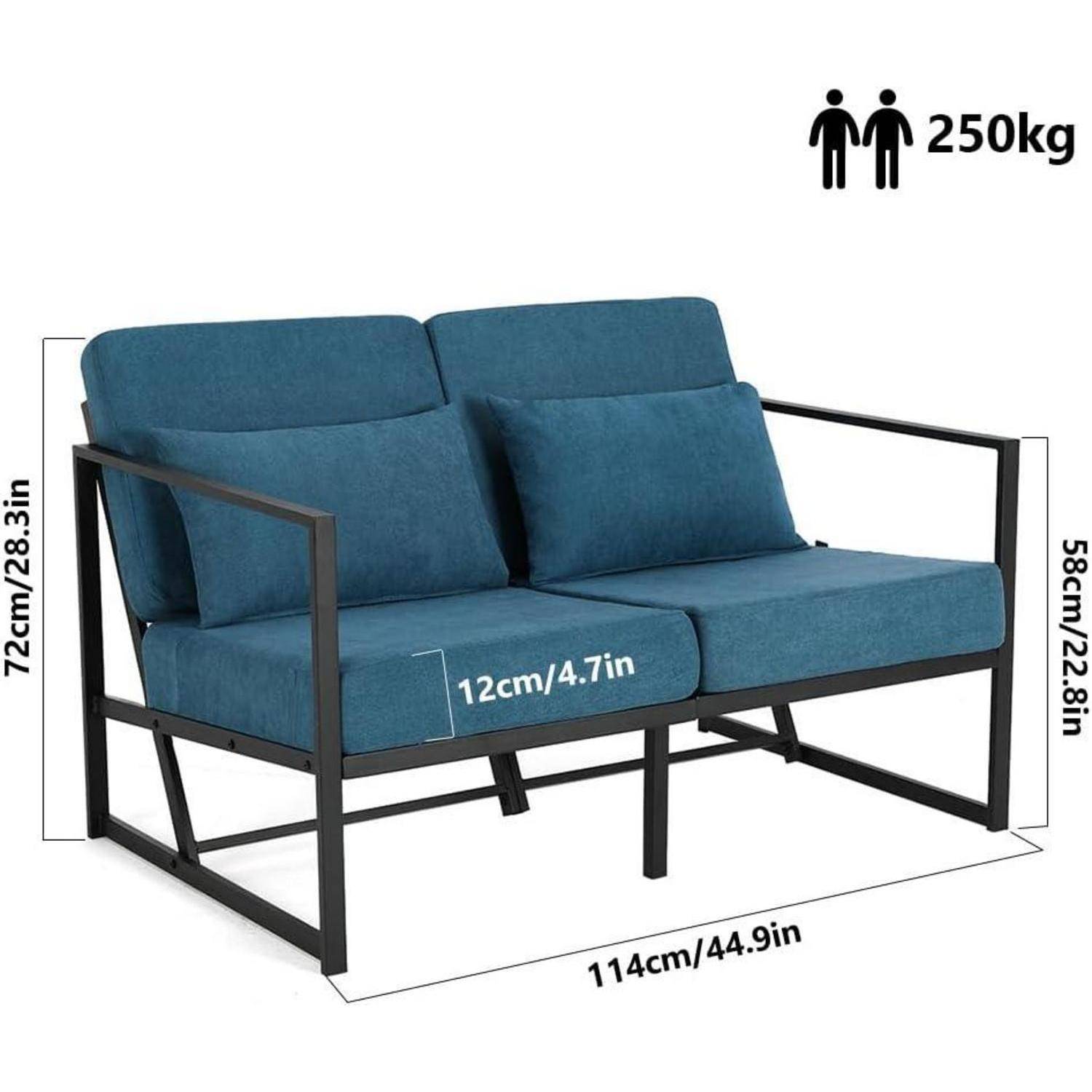 Blaues Zweisitzer-Schlafsofa mit schwarzem Metallrahmen, gekennzeichnet mit 114cm Breite, 72cm Höhe, 58cm Tiefe, 12cm Sitzhöhe und 250kg Tragfähigkeit.