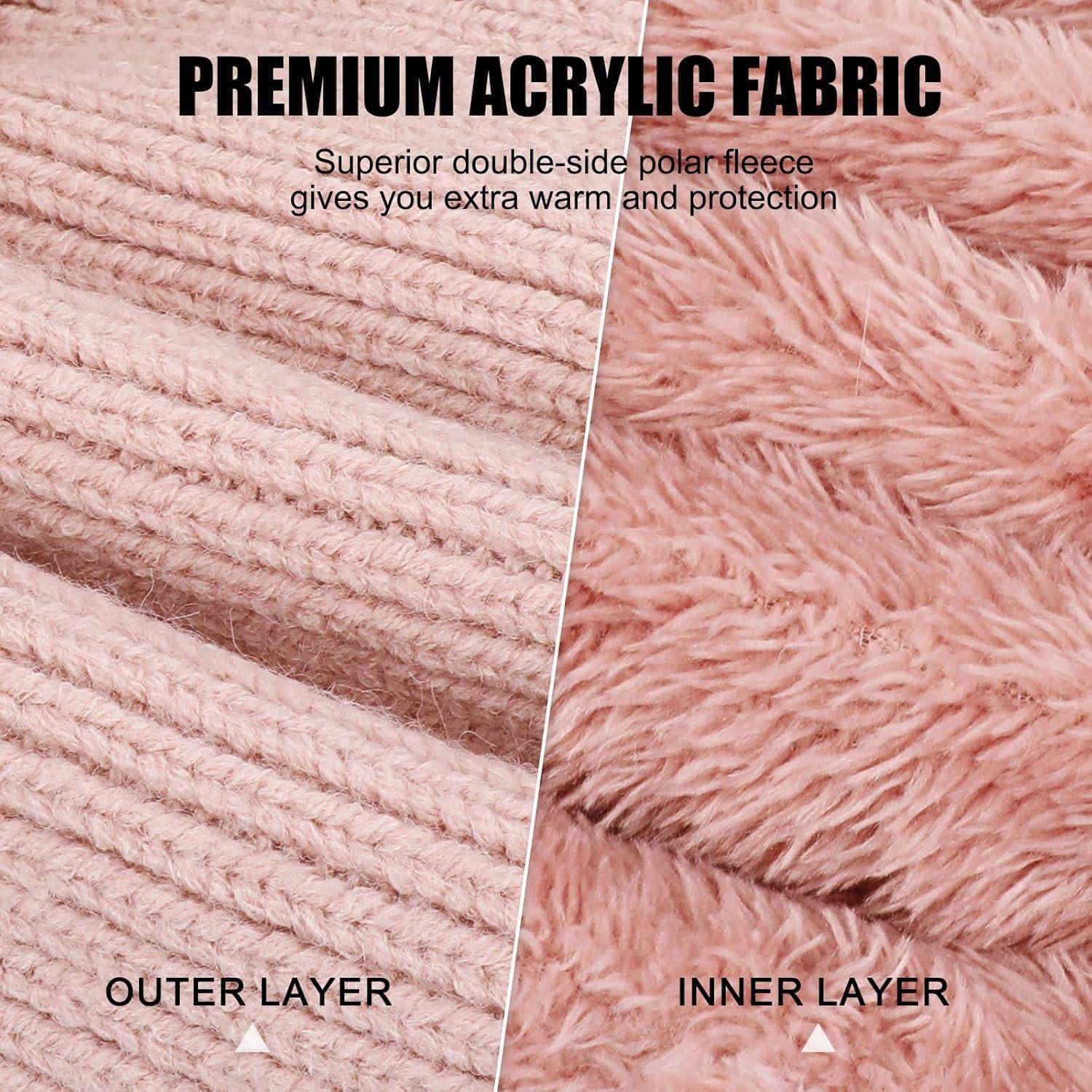 Geteiltes Bild von rosa Acrylfaser mit der Aufschrift "Premium Acrylfaser"", die eine gerippte Außenschicht und eine flauschige Innenschicht zeigt, beschrieben als doppelseitiger Polarfleece für Wärmeschutz und Schutz.