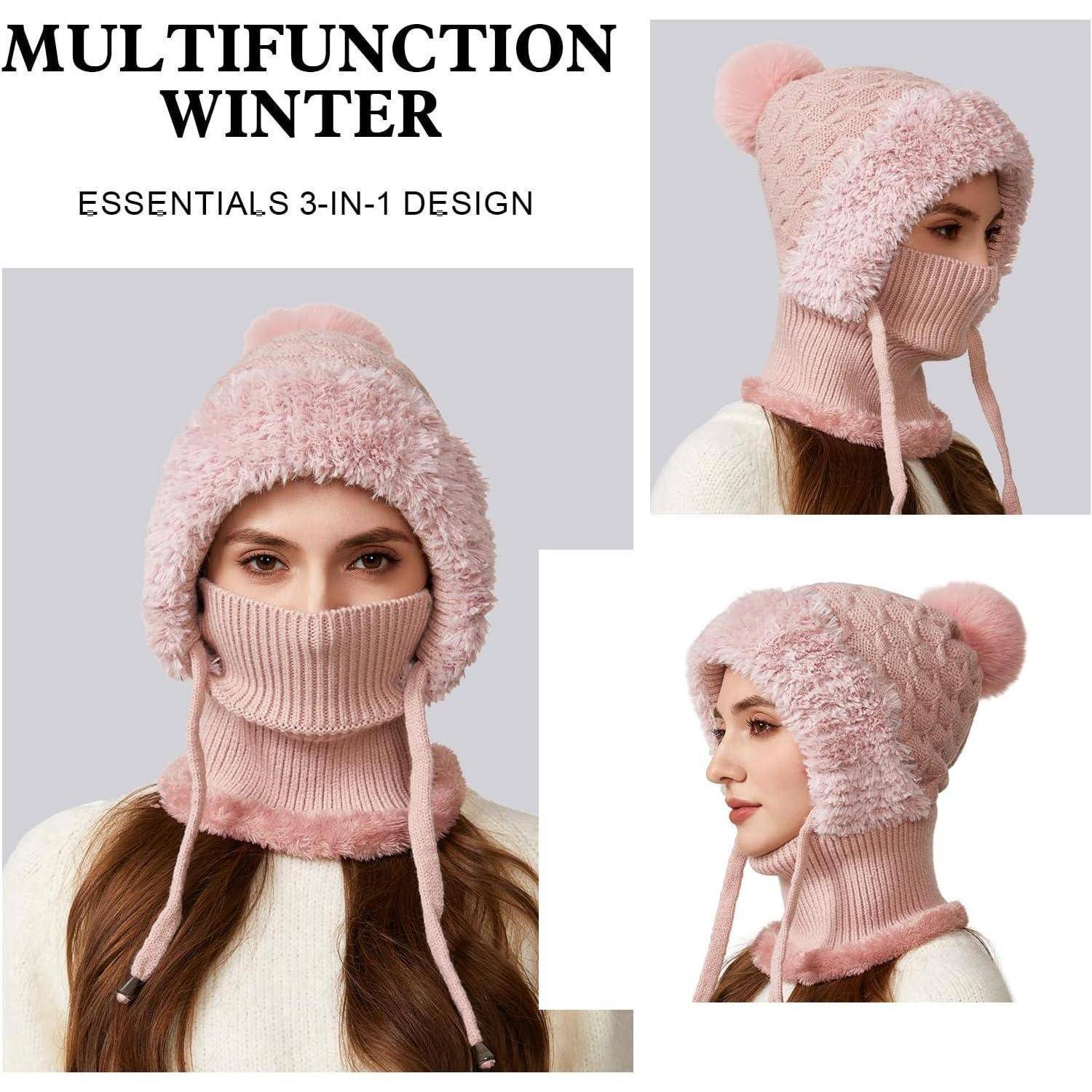 Anzeige mit einer rosa 3-in-1-Wintermütze mit eingebauter Gesichts- und Nackenschutzbedeckung, gezeigt in Front-, Seiten- und Profilansichten.