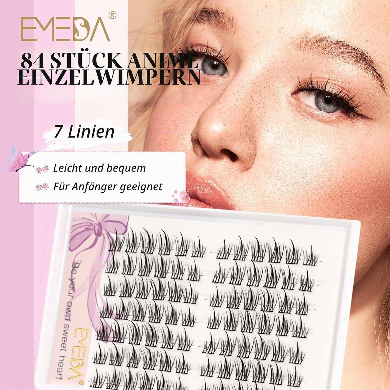 Werbebild für EMEDA-Wimpernverlängerungen, das ein Nahaufnahmen-Gesicht einer Frau und ein Tablett mit der Aufschrift „84 STÜCK ANIMA EINZELWIMPERN