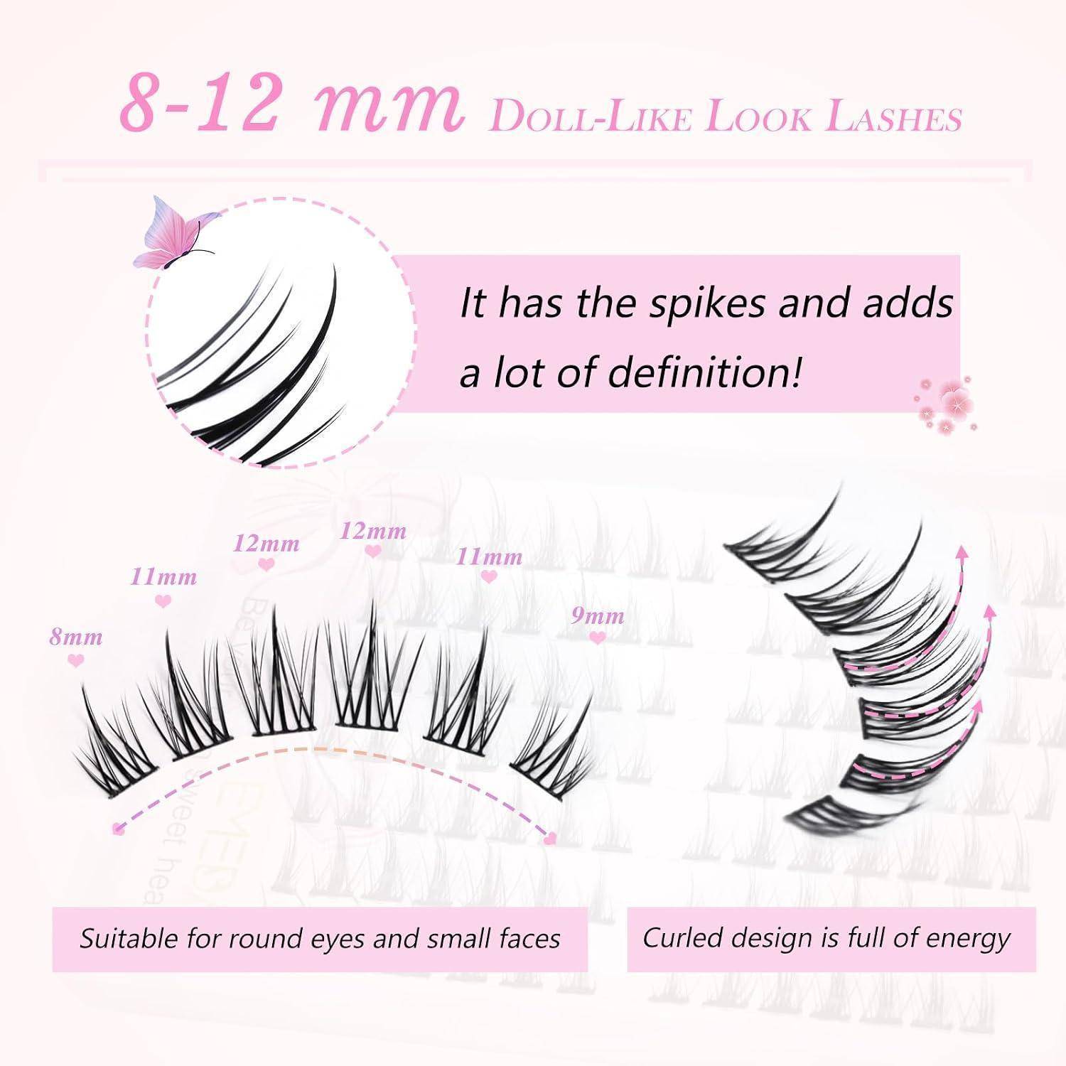 Infografik, die 8-12 mm puppenähnliche Wimpernverlängerungen mit stacheliger, definierter Wölbung zeigt; Notizen besagen, dass sie zu runden Augen und kleinen Gesichtern passen und ein energisches, geschwungenes Design haben.