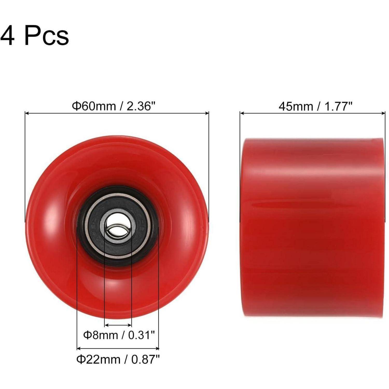 Produktabbildung von 4 roten Polyurethanrollen mit Kugellagern, die Abmessungen zeigen: 60 mm Durchmesser, 45 mm Breite, 8 mm Innenloch, 22 mm Nabe.