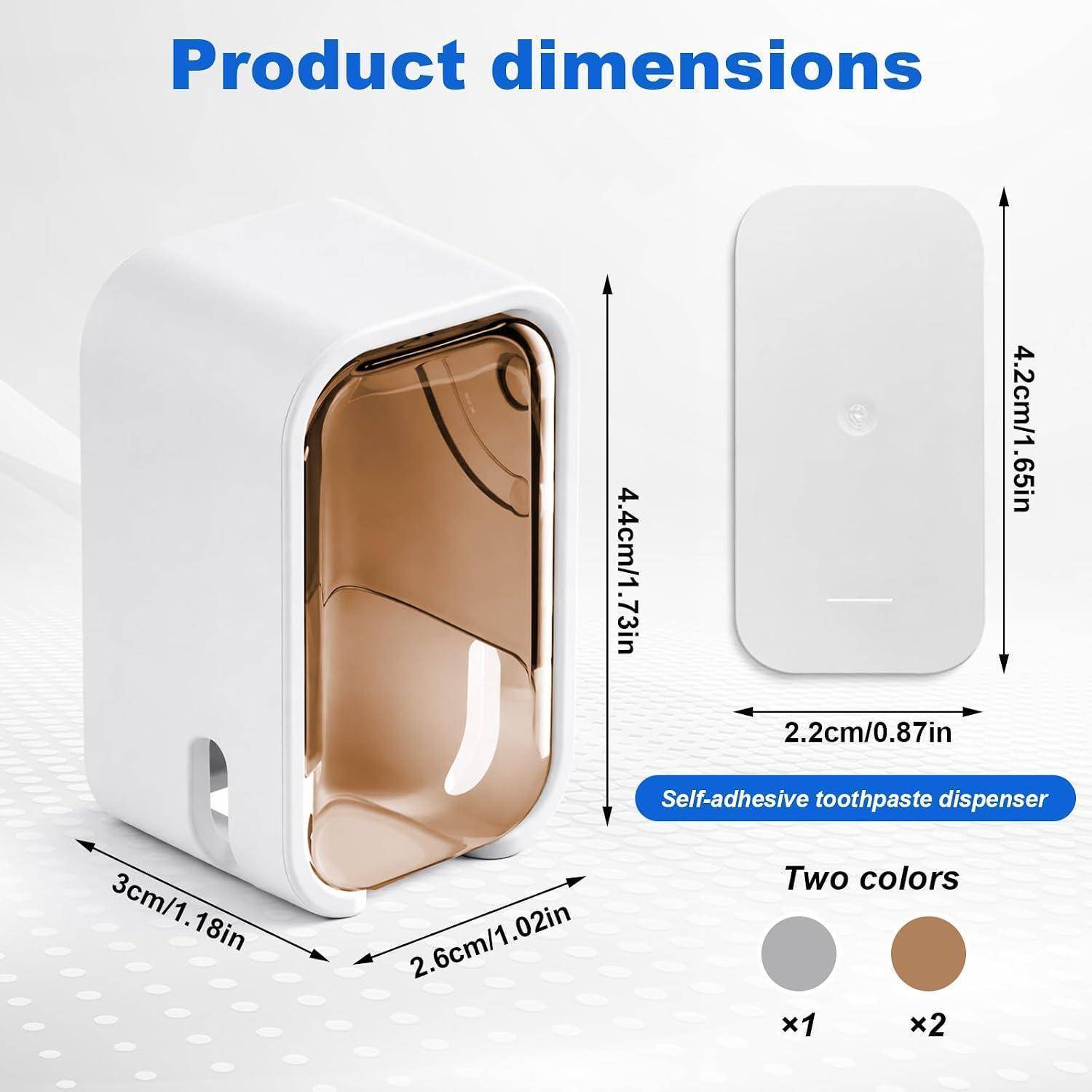 Produktabmessungen-Diagramm für einen selbstklebenden Zahnpastaständer: 4,4 cm hoch, 2,6 cm breit, 3 cm tief; Wandplatte 4,2 cm mal 2,2 cm; in zwei Farben erhältlich.