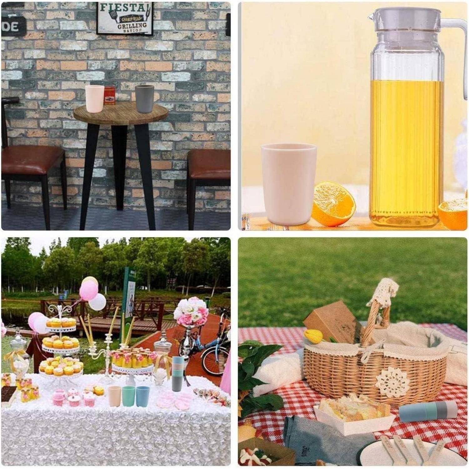 Vier Ideen für Picknick- und Partyaufbauten: eine kleine Tischdekoration im Innenbereich, ein Limonadenkrug und ein Glas, ein Dessert-Tisch im Freien und ein Picknickkorb auf einer Decke.