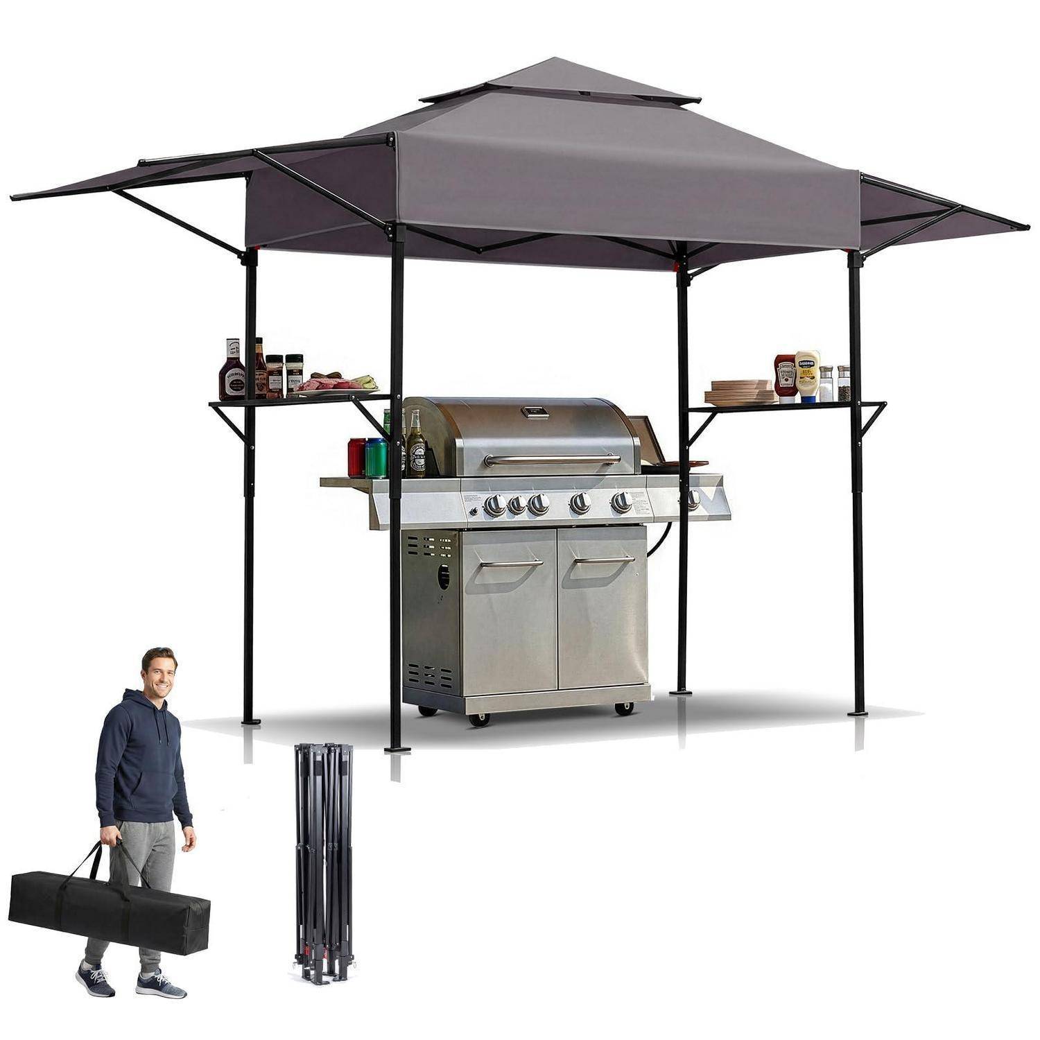 Tragbarer Gasgrill im Freien unter einem Pop-up-Baldachin mit Seitenregalen und Würzmitteln; inklusive Tragetasche und zusammengeklapptem Gestell, auf weißem Hintergrund gezeigt.