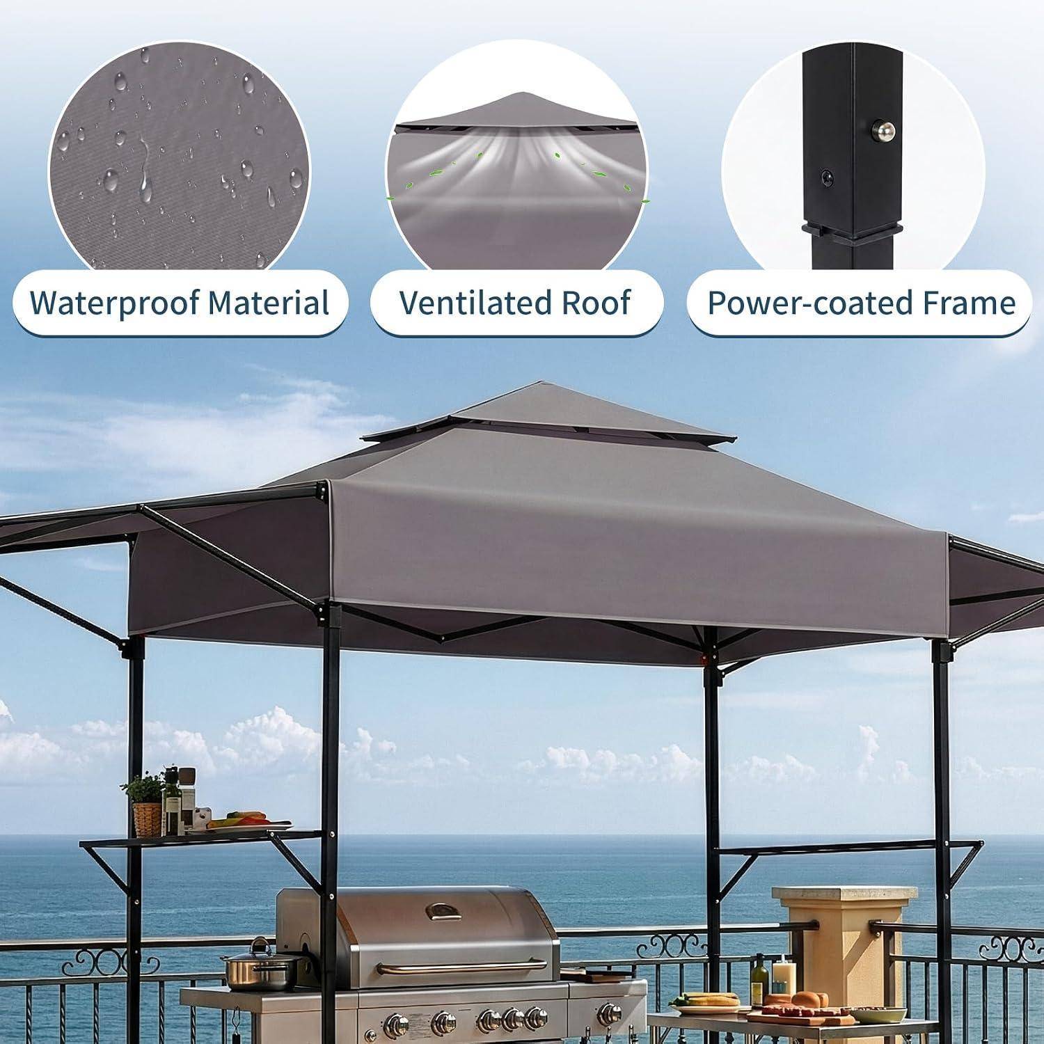 Außenpavillon mit belüftetem Dach, wasserdichtem Baldachin und pulverbeschichteten Rahmen, gezeigt neben dem Meer mit Grillaufbau darunter.