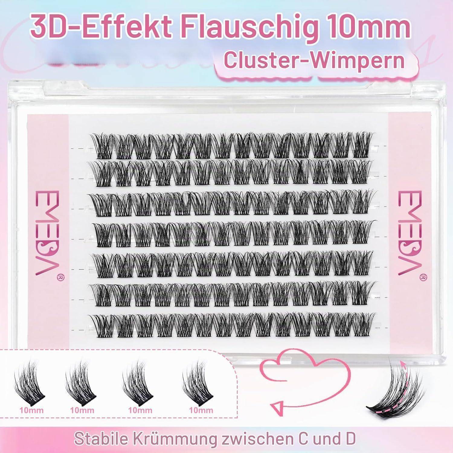 Verpackungsbild für EYESA 3D-Effekt flauschige 10 mm Cluster-Wimpernverlängerungen, das mehrere Wimpernstreifen und einen gebogenen Wimpernstil-Indikator zeigt.