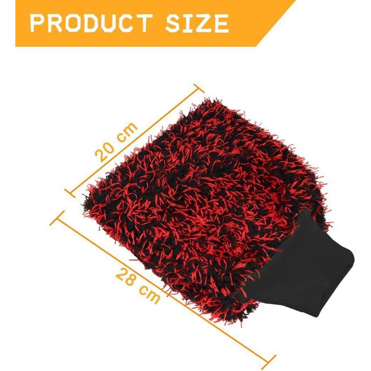 Produktgrößengrafik mit einem rot-schwarzen zotteligen Handschuh mit den Abmessungen 20 cm x 28 cm.