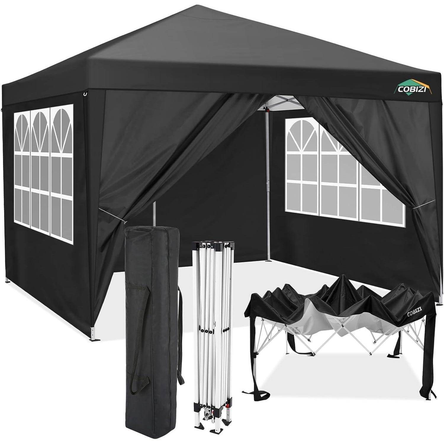 Schwarzes Pop-Up-Pavillon-Zelt mit Seitenwänden, Tragetasche, klappbarem Rahmen und beiliegendem Zubehörtisch für Outdoor-Schatten oder Unterschlupf.