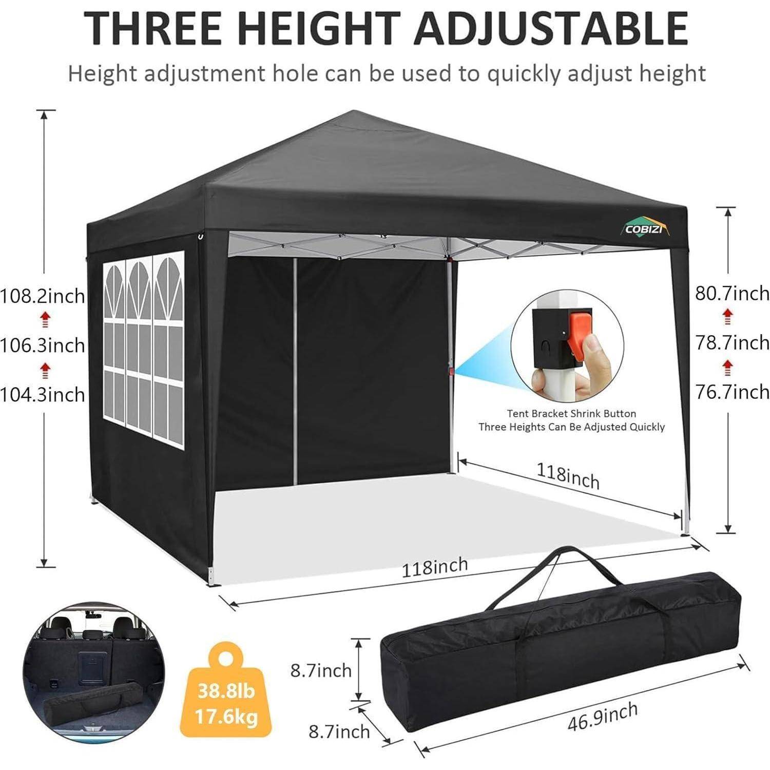 Abbildung eines schwarzen Pop-Up-Pavillon-Zelts mit Seitenwänden und Tragetasche, gekennzeichnet als höhenverstellbar in drei Positionen; zeigt eine Größe von 118 Zoll x 118 Zoll, maximale Höhe von 108,2 Zoll und eine Aufbewahrungstasche von 46,9 Zoll.
