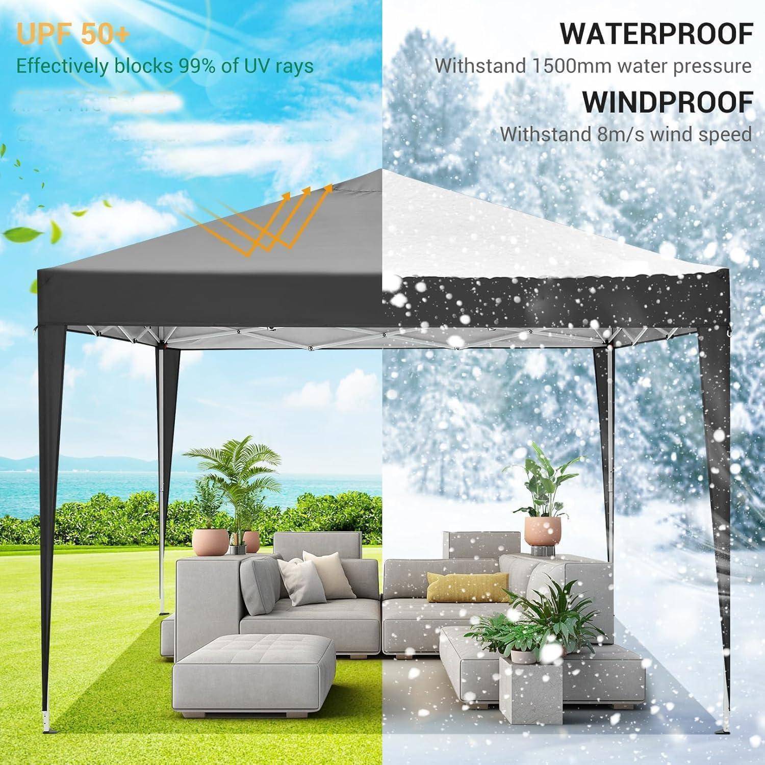 Schwarzes Pop-up-Baldachin-Zelt mit Außensitzplätzen, dargestellt als UV-blockierend, wasserdicht und windfest in einem geteilten Vergleich bei sonnigem und schneereichem Wetter.