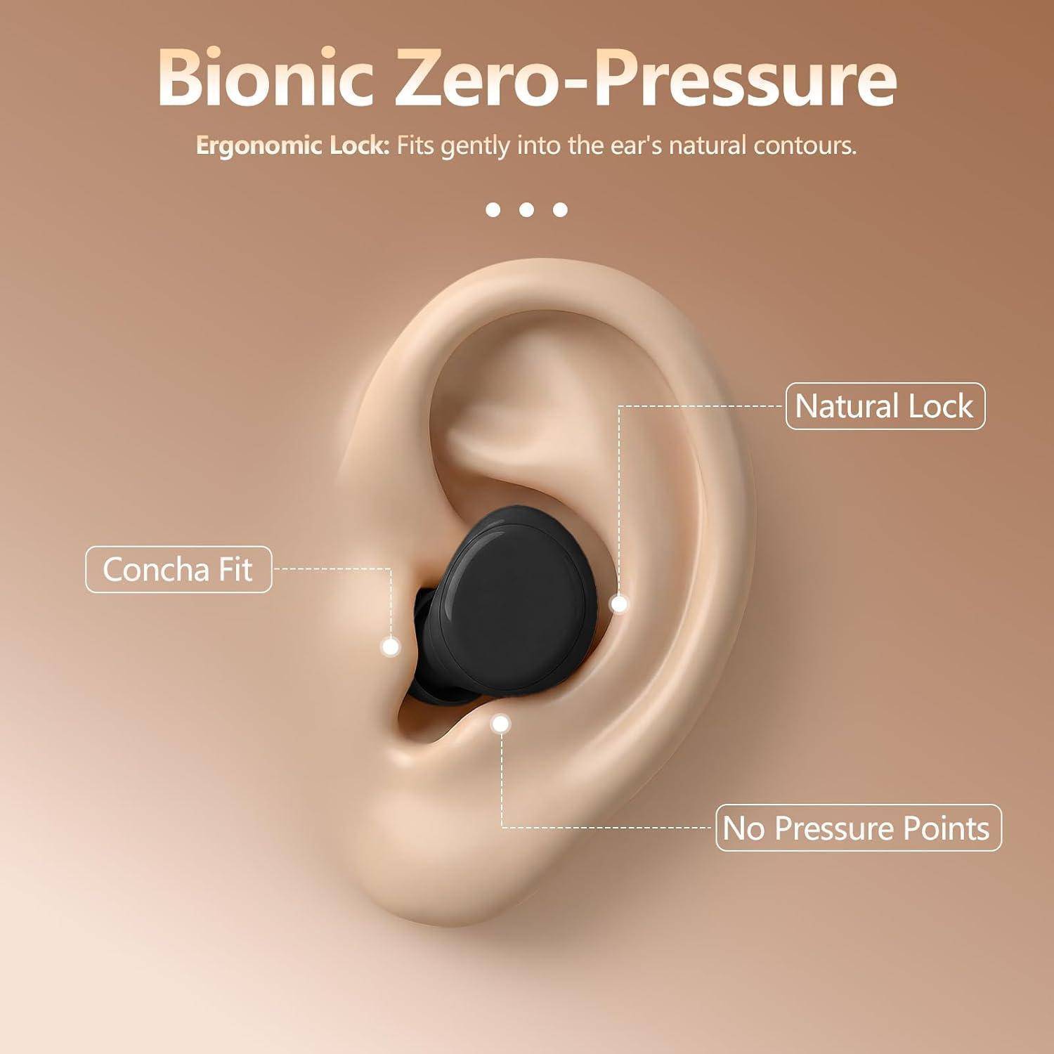 Illustration eines Ohrhörer, der sich angenehm ins Ohr schmiegt, beschriftet mit „Bionic Zero-Pressure