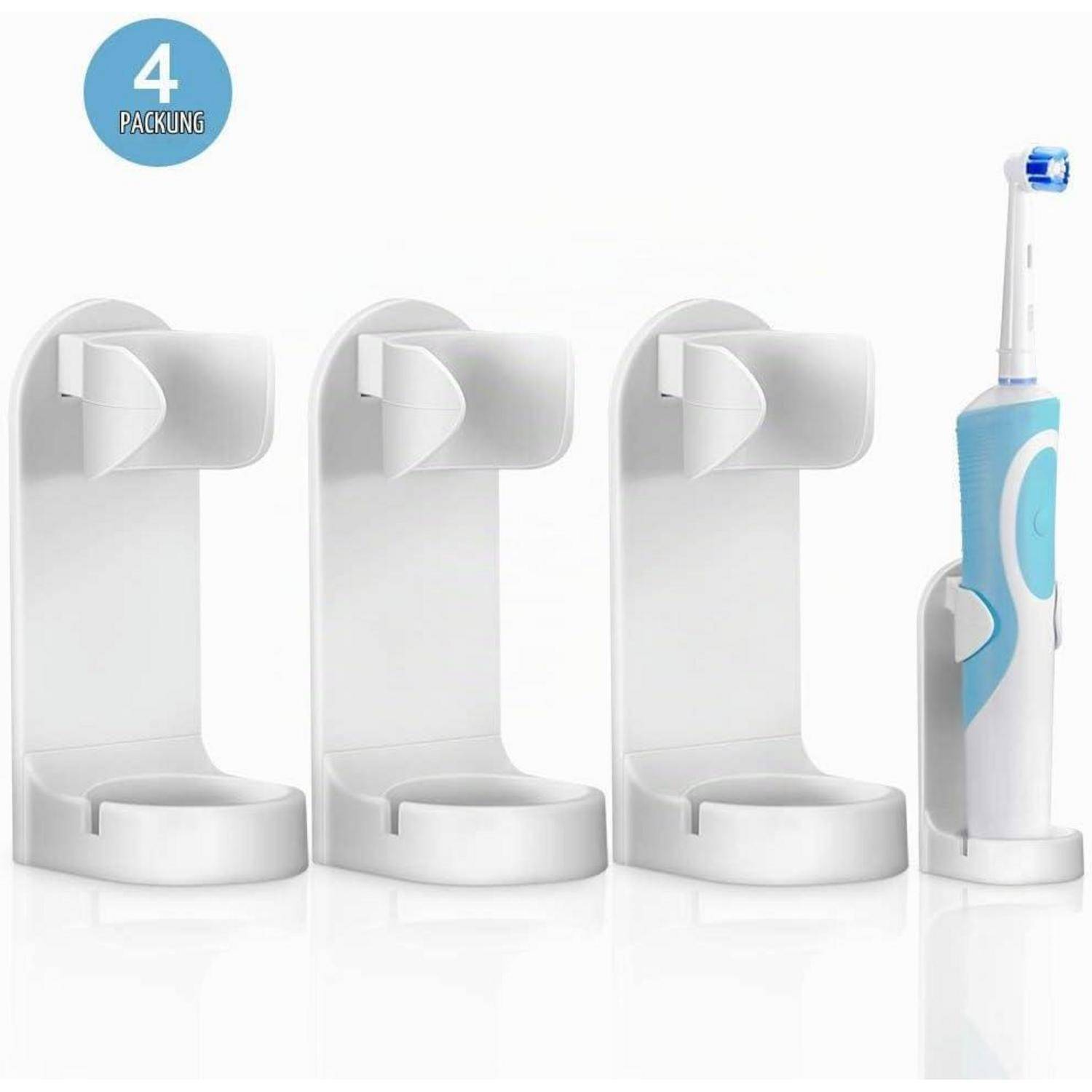 Satz von vier weißen Kunststoff-Zahnbürstenhaltern für elektrische Zahnbürsten, wobei einer eine blau-weiße Zahnbürste hält, gezeigt auf einem einfachen Hintergrund.