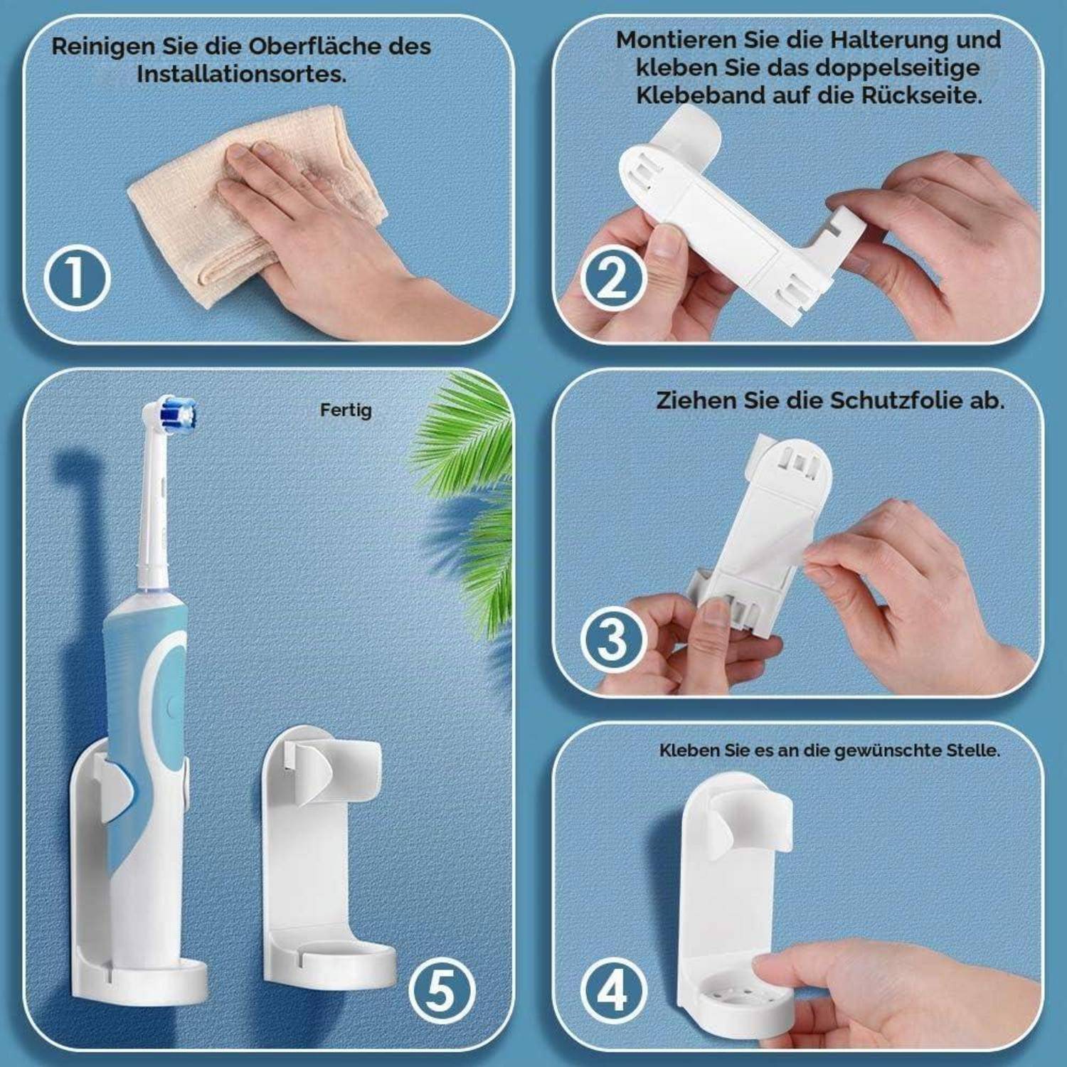 Yoassi 4 x Zahnbürstenhalter Selbstklebender Halter Wandhalterung Aufbewahrungsset Organizer Elektrischer Zahnbürstenkörper Basis Stander 4 Pieces