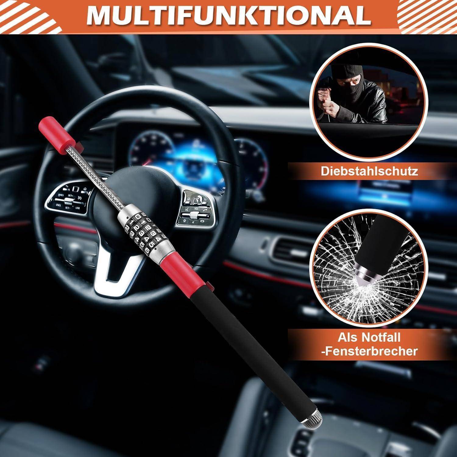 Multifunktionales Autosicherheitstool, das auf einem Lenkrad gezeigt wird und Diebstahlschutz- und Notfall-Fensterbrecherfunktionen kombiniert.