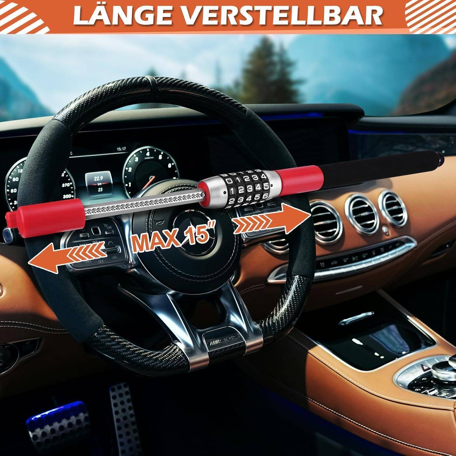 Verstellbares Lenkradschloss im Autoinnenraum gezeigt, beschriftet mit 