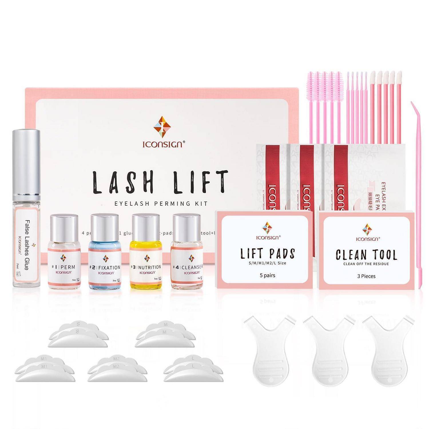 Iconsign Wimpernlifting-Set mit Flaschen, Lifting-Pads, Reinigungswerkzeug, Applikatoren und Silikon-Schutzschilden in Produktpräsentation angeordnet.