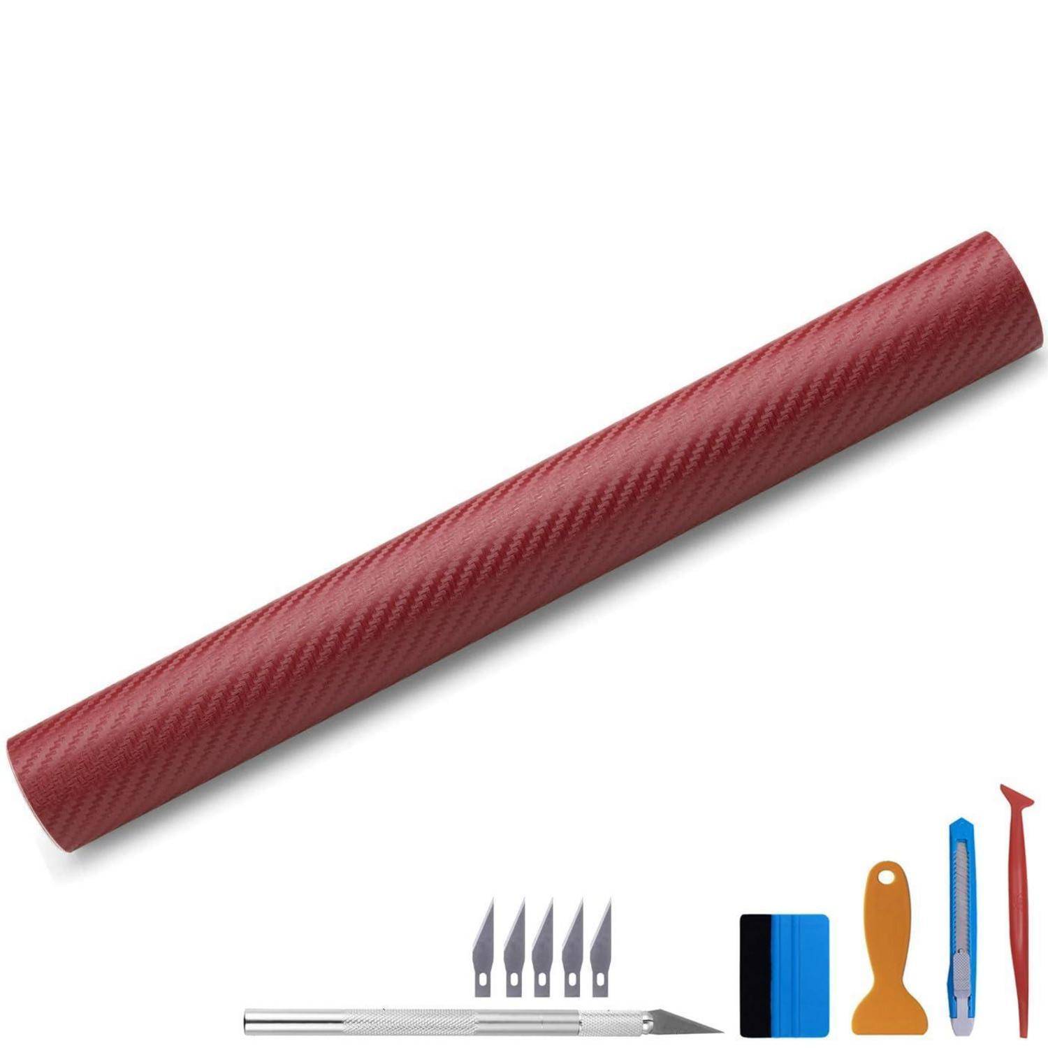 Rote strukturierte Griffband-Rolle mit Universalmesser, Spachtel und Ersatzklingen auf weißem Hintergrund.