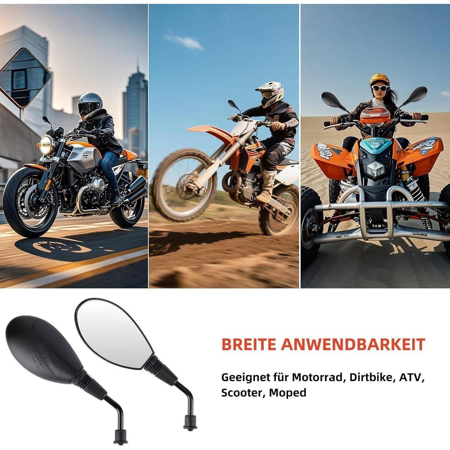 2 Stück Motorrad Spiegel E13-Geprüft, Motorrad Rückspiegel 360 Drehbarer, MotorradSpiegel M10 Kompatibel mit ATV, Scooter, Roller, Moped, Dirt-Bike