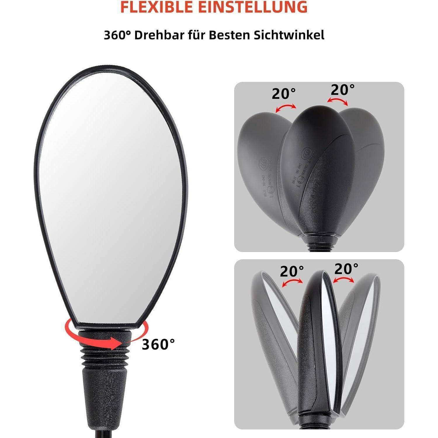 Produktbild eines flexiblen Spiegels mit 360-Grad-Schwenk und 20-Grad-verstellbaren Panels, gekennzeichnet mit „FLEXIBLE EINSTELLUNG