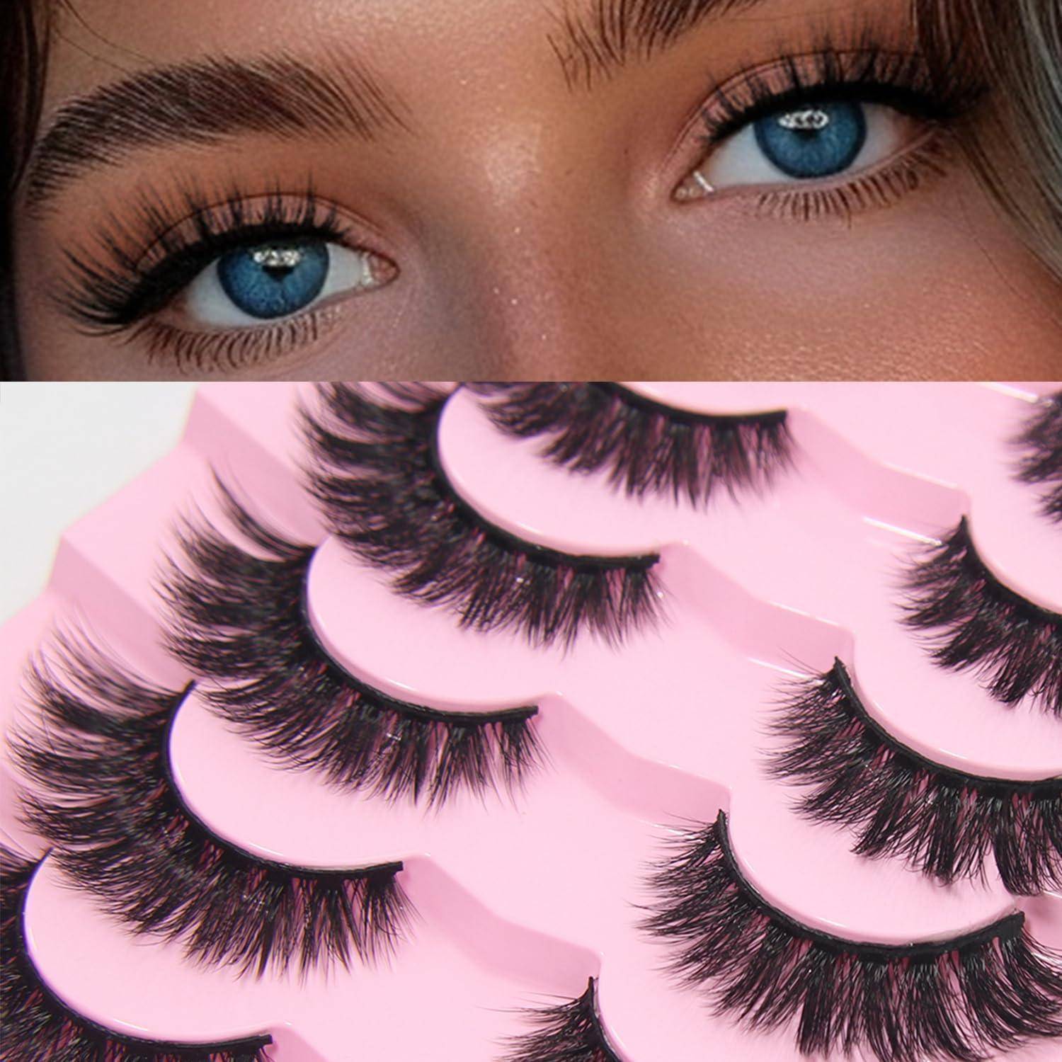 Nahaufnahme von blauen Augen mit langen Wimpern über rosa Behältern mit Kunstwimpernstreifen in verschiedenen Stilen.