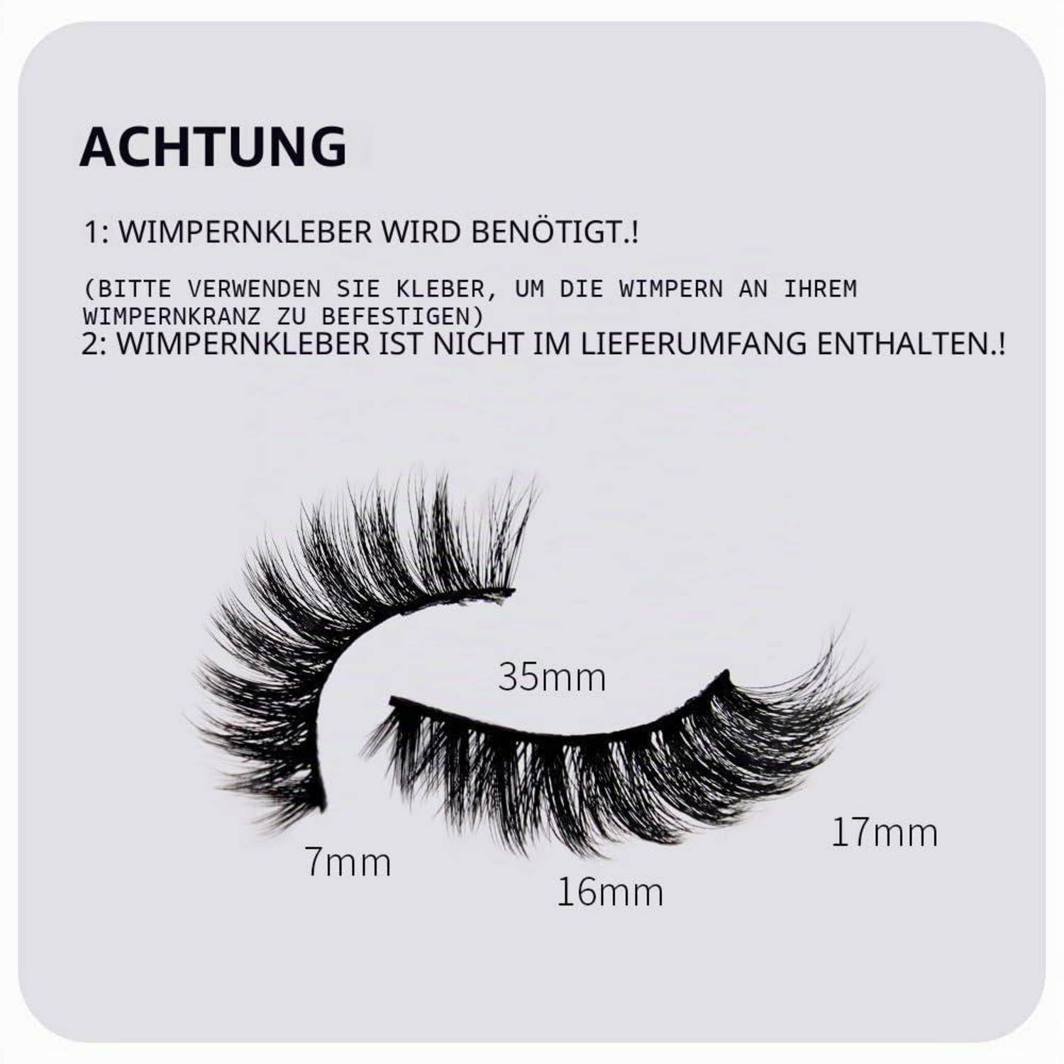 Warnhinweis für künstliche Wimpern: Kleber ist erforderlich und nicht im Lieferumfang enthalten; Wimperngrößen gekennzeichnet mit 35 mm, 17 mm, 16 mm und 7 mm.