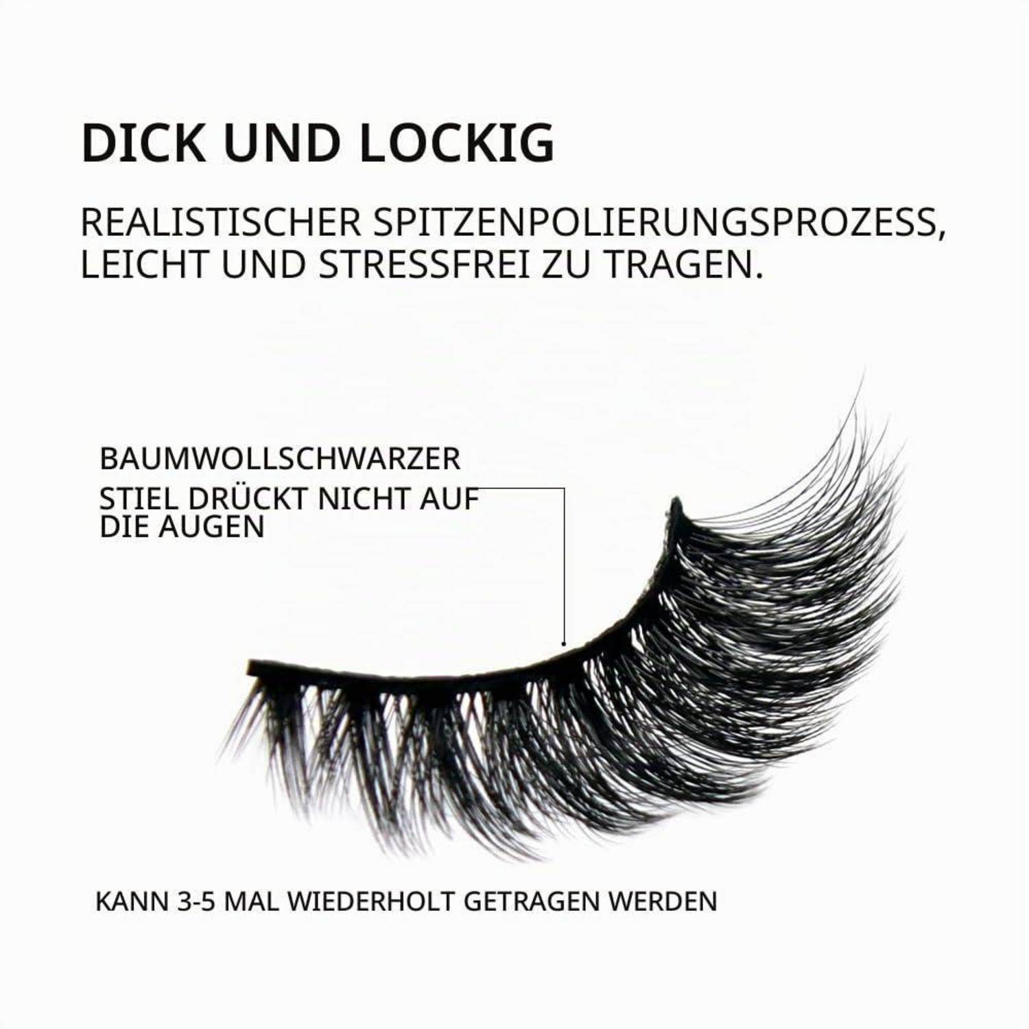 Anzeige für dicke, lockere falsche Wimpern; Deutscher Text besagt realistischer volumensteigernder Prozess, bequem zu tragen, schwarzes Baumwollband drückt nicht auf die Augen, wiederverwendbar 3-5 Mal.