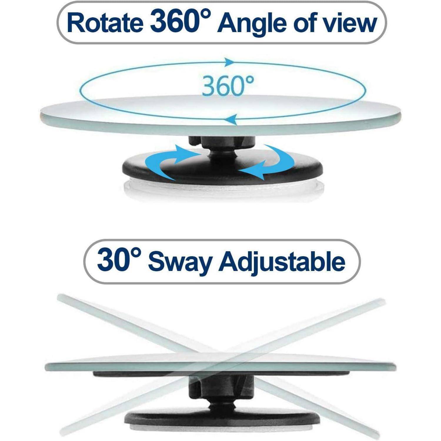 Produktgrafik mit einem Plattenspielerständer mit 360°-Rotation und 30°-Schwenkverstellung, beschriftet mit „360° drehen Blickwinkel
