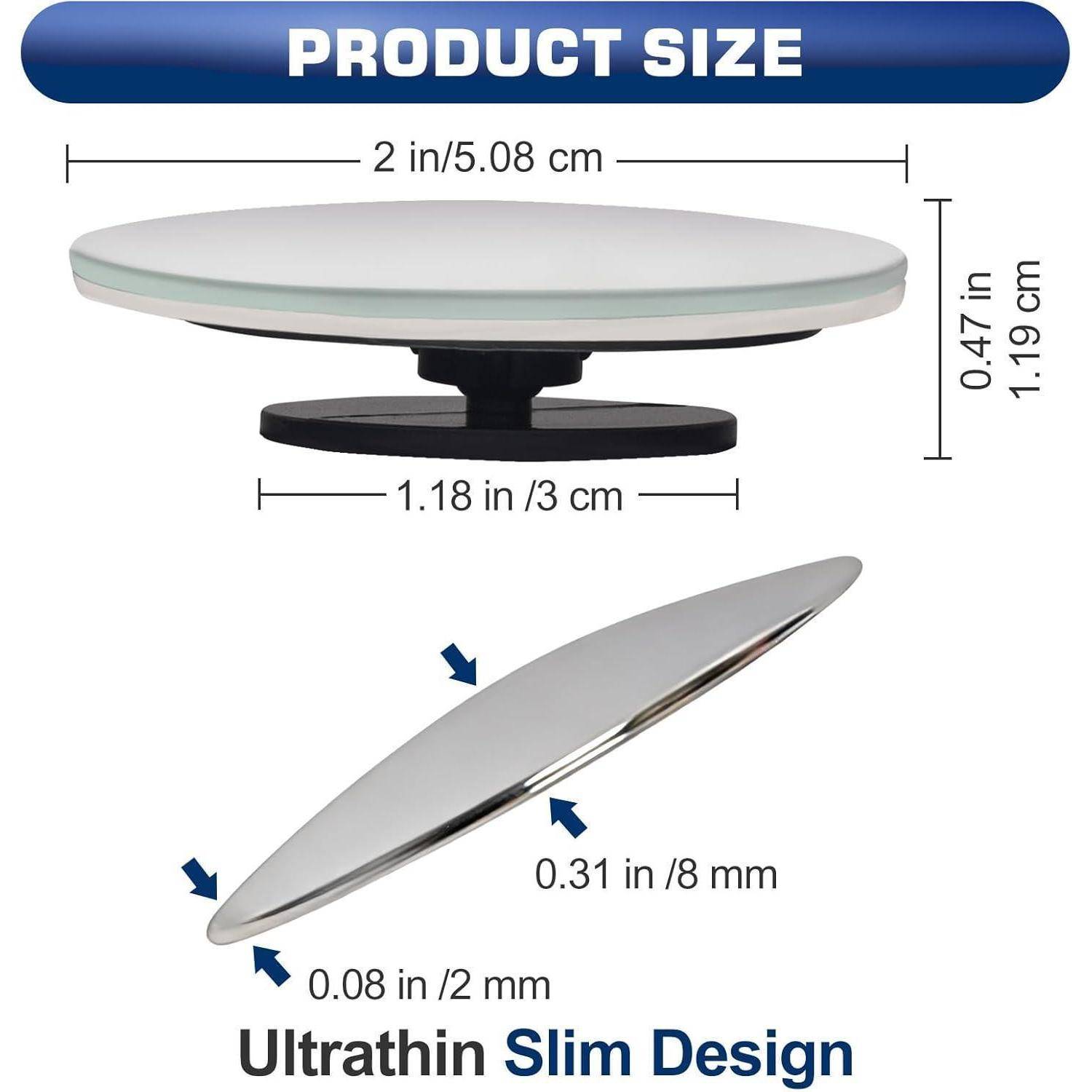 Produktgrößendiagramm für ein ultrafeines rundes Bauteil: 2 Zoll/5,08 cm Breite, 0,47 Zoll/1,19 cm Höhe, 1,18 Zoll/3 cm Basis, 0,31 Zoll/8 mm dünne Kante und 0,08 Zoll/2 mm Spitze.