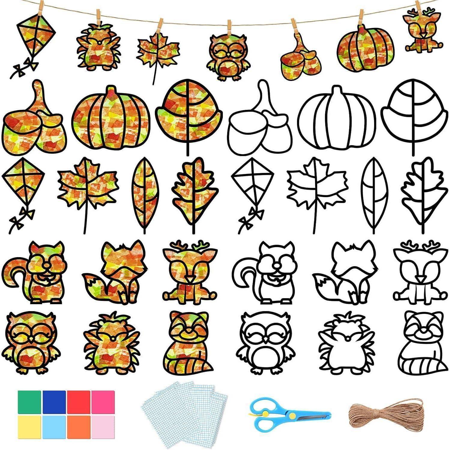 Herbst-Bastelset mit Clipart, bestehend aus farbigen und Umrisszeichnungen von Drachen, Blättern, Kürbissen, Eulen, Füchsen, Eichhörnchen, Igeln, sowie Papier, Schere, Schnur und Farbmustern.
