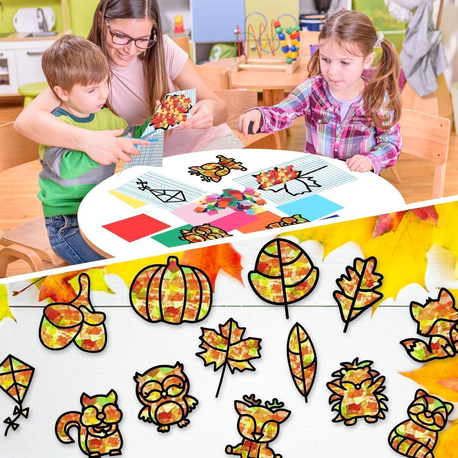 Kinder und eine Lehrerin fertigen bunte Herbstblatt- und Tier-Collagen an einem Klassenzimmertisch an; fertige herbstlich gestaltete Ausschneidkunst wird unten gezeigt.