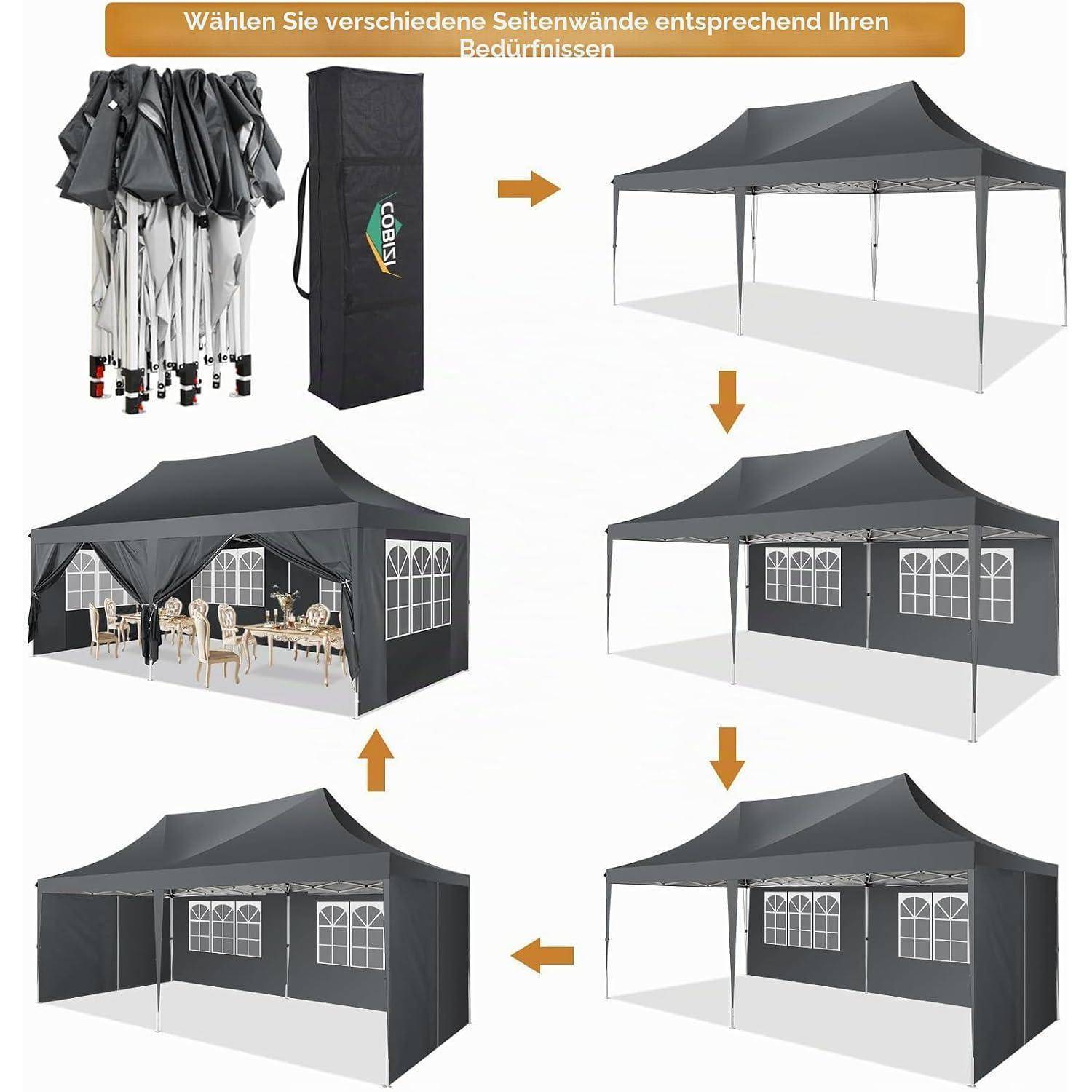 Diagramm einer Pop-up-Pavillon-Markise mit austauschbaren Seitenwänden: Aufgerollte Wände in einer Aufbewahrungstasche lassen sich in offene, verglaste oder vollständig geschlossene Konfigurationen umwandeln.