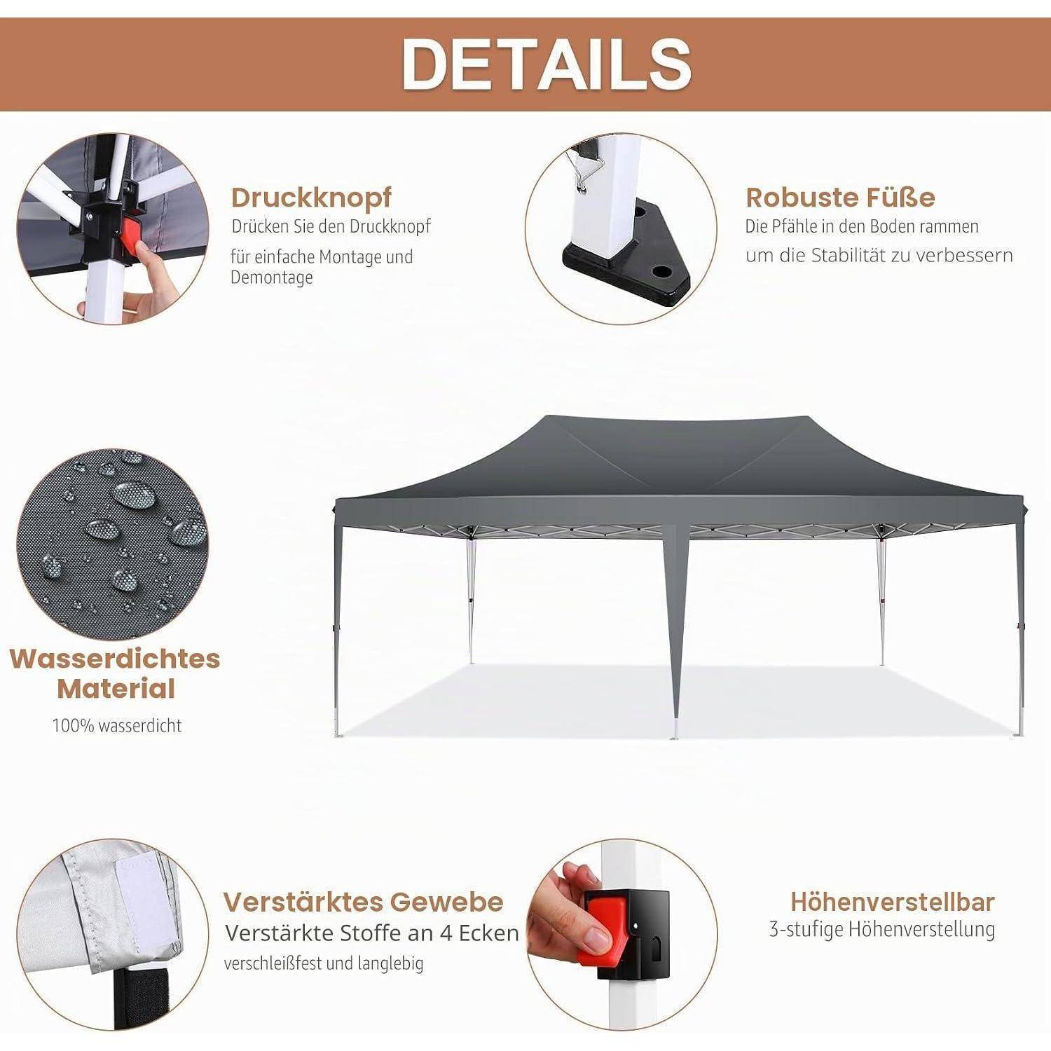 Produktdetails-Grafik für ein Pop-up-Zelt: Rahmen-Schnellmontage, Bodenheringe für Stabilität, wasserdichtes Material, verstärkte Ecken und verstellbare Höhe.