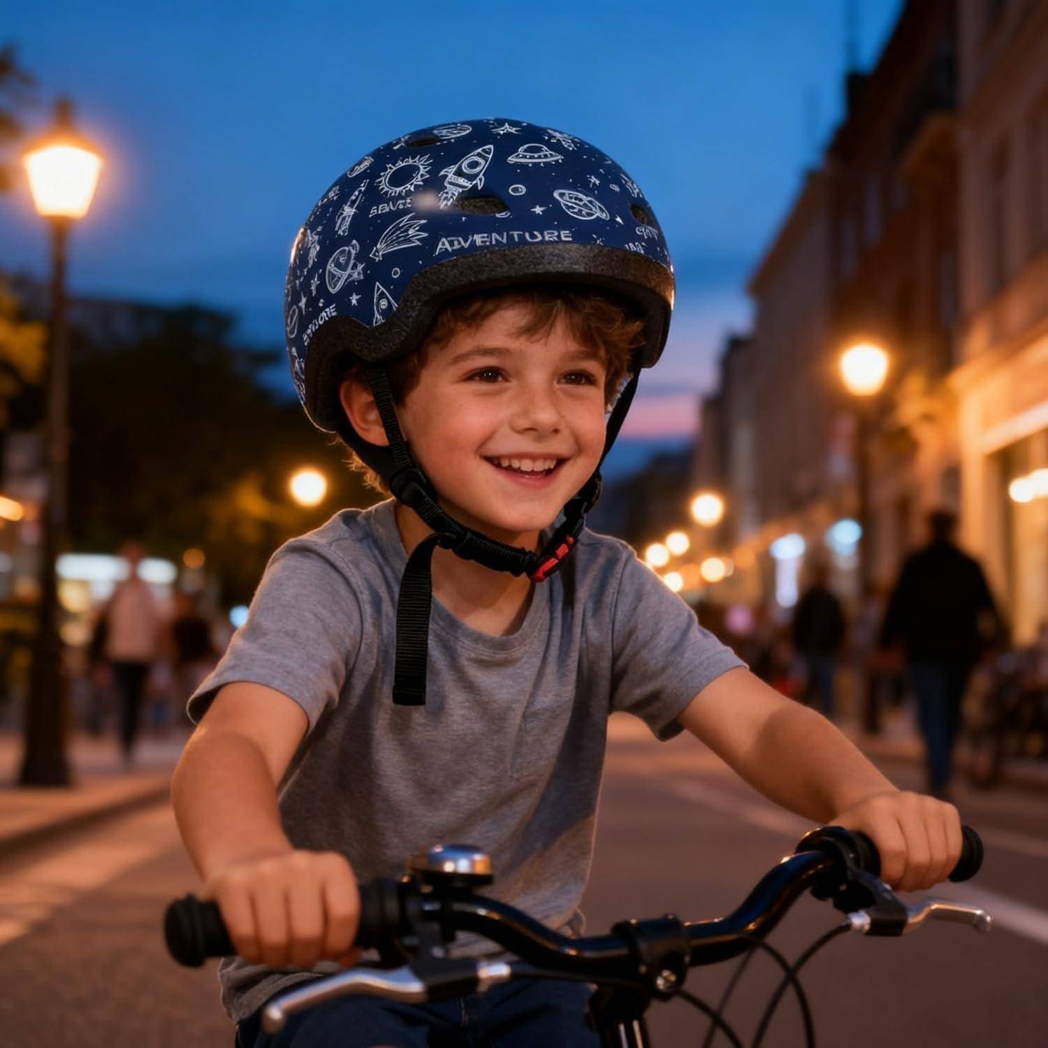 Ein lächelndes Kind mit einem Helm fährt bei Einbruch der Dämmerung mit dem Fahrrad eine Stadtstraße hinunter.